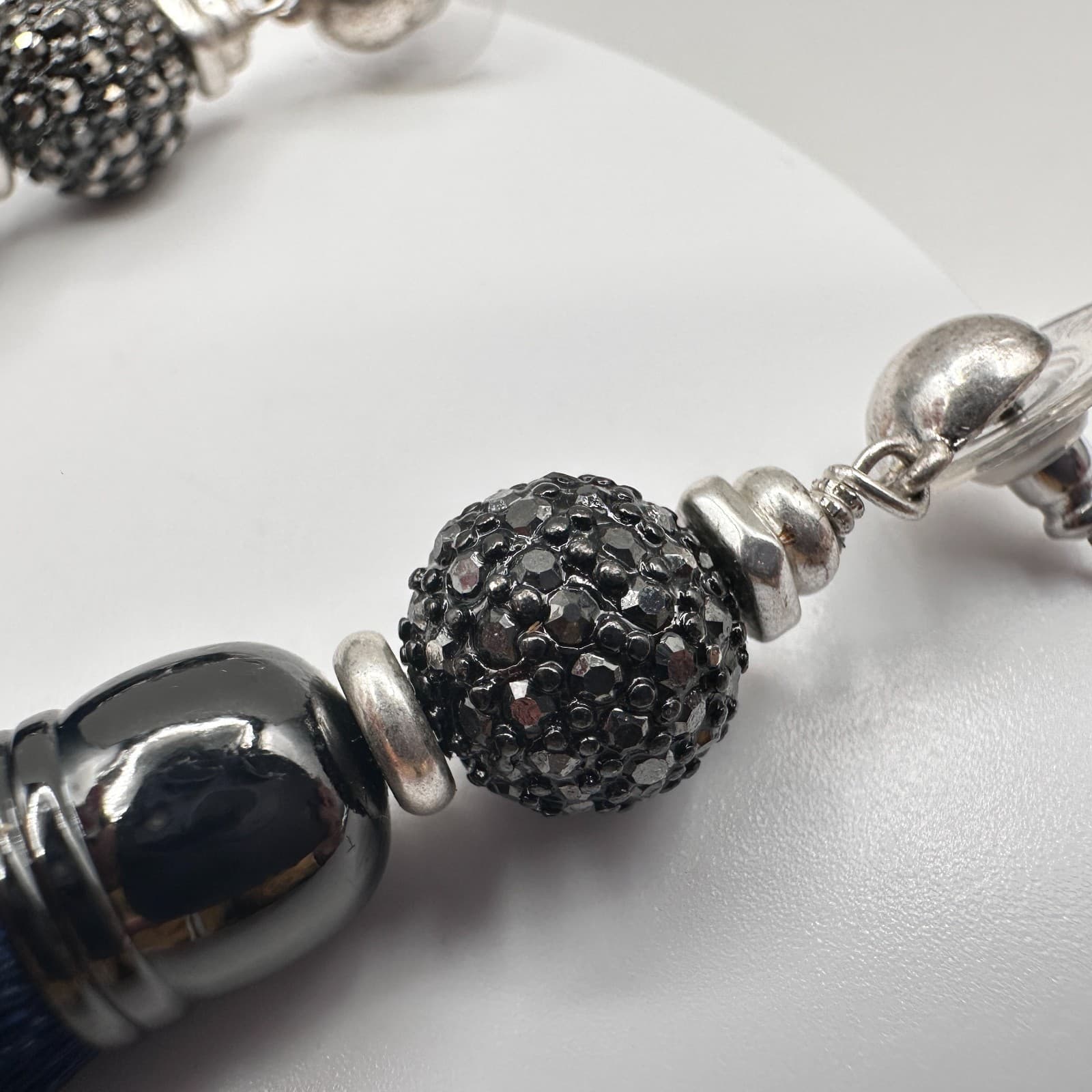 Vintage 80s Navy Tassel Stud Earrings Silver Tone Crystal Bead Women's Jewelry - Thumbnail 6