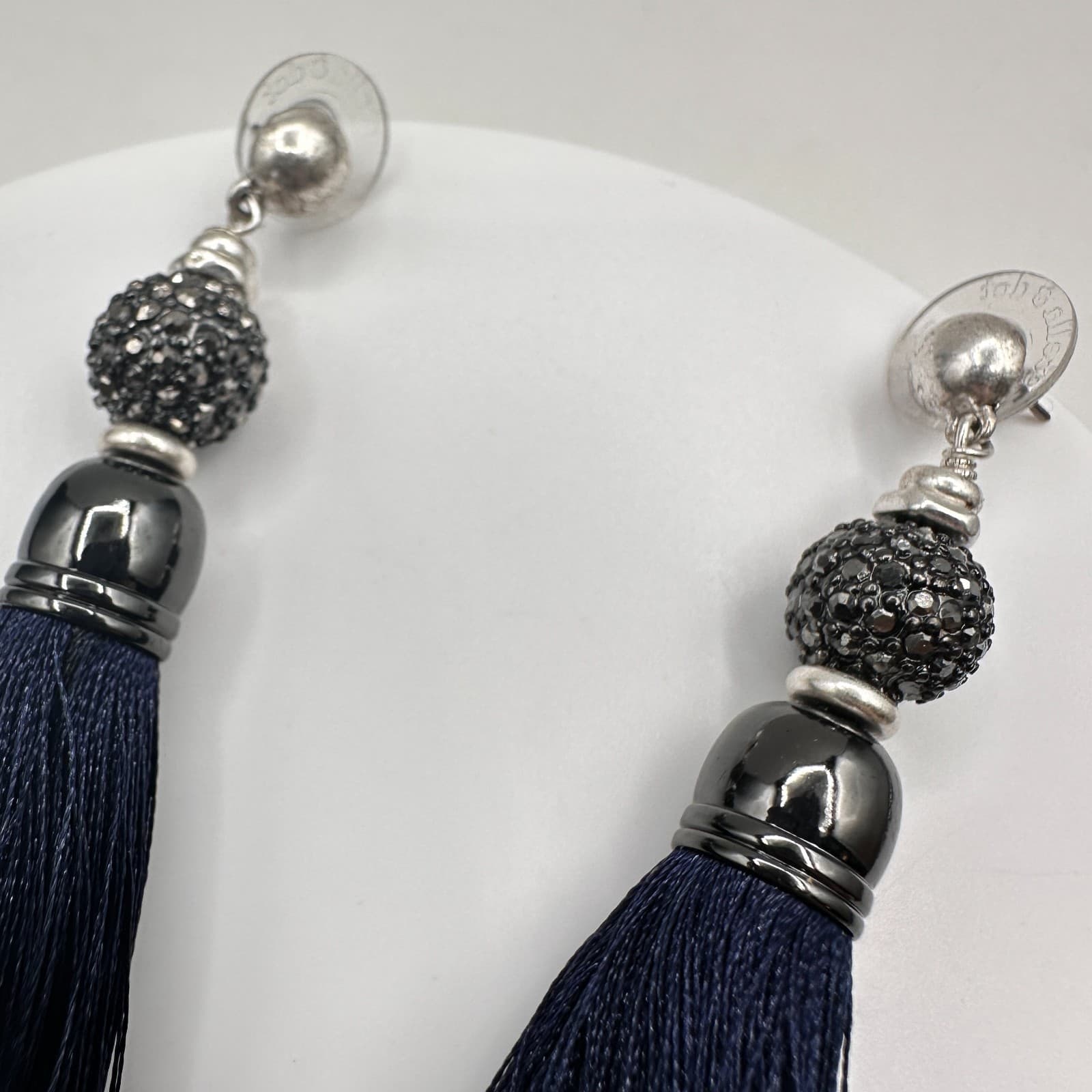 Vintage 80s Navy Tassel Stud Earrings Silver Tone Crystal Bead Women's Jewelry - Thumbnail 7