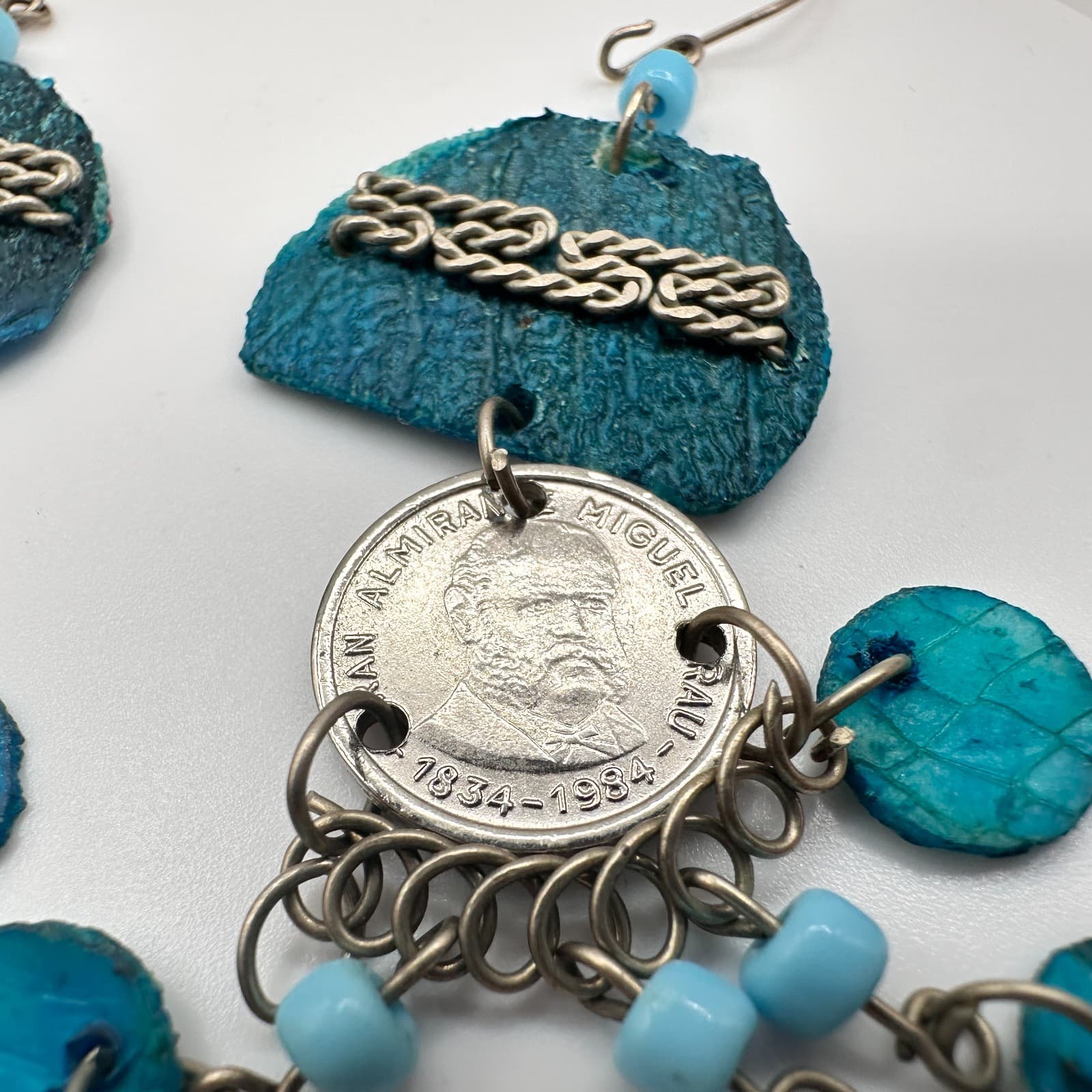 Vintage 80s Silver Tone Coin Charm Beaded Dangle Earrings Boho Women's Jewelry - Thumbnail 4