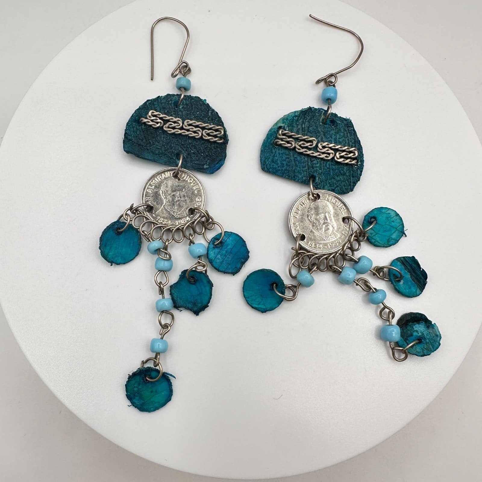 Vintage 80s Silver Tone Coin Charm Beaded Dangle Earrings Boho Women's Jewelry - Thumbnail 2