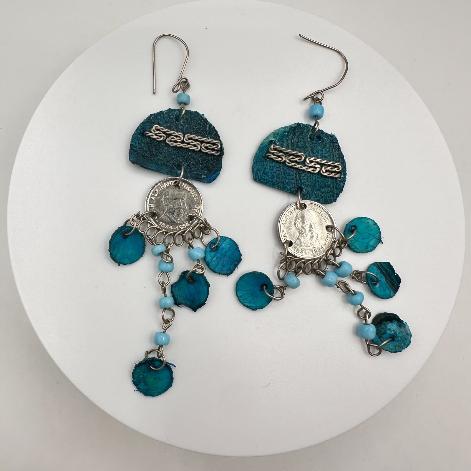 Vintage 80s Silver Tone Coin Charm Beaded Dangle Earrings Boho Women's Jewelry - Image 1