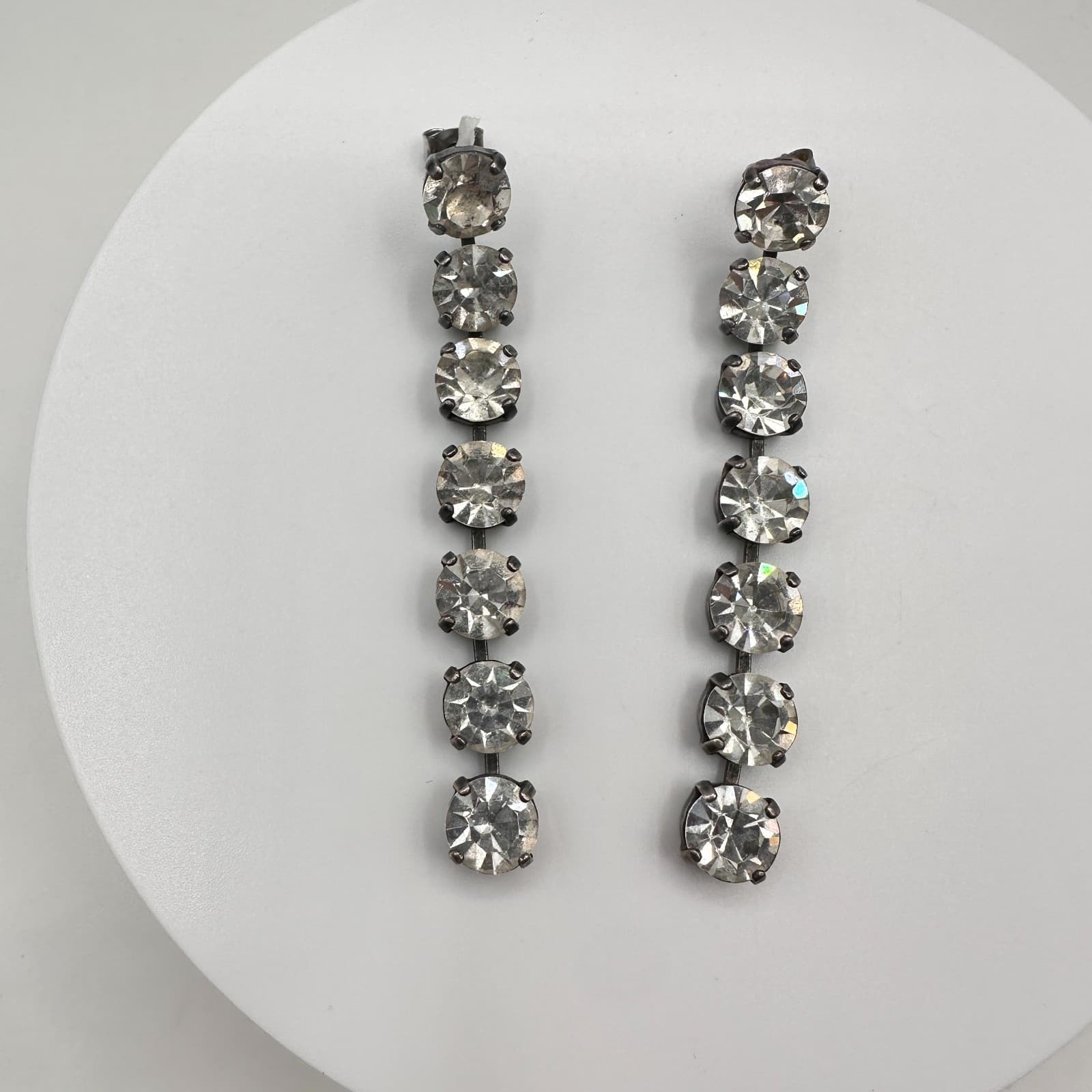 Vintage 90s Silver Tone Clear Rhinestone Dangle Earrings Women's Classic Jewelry - Thumbnail 6