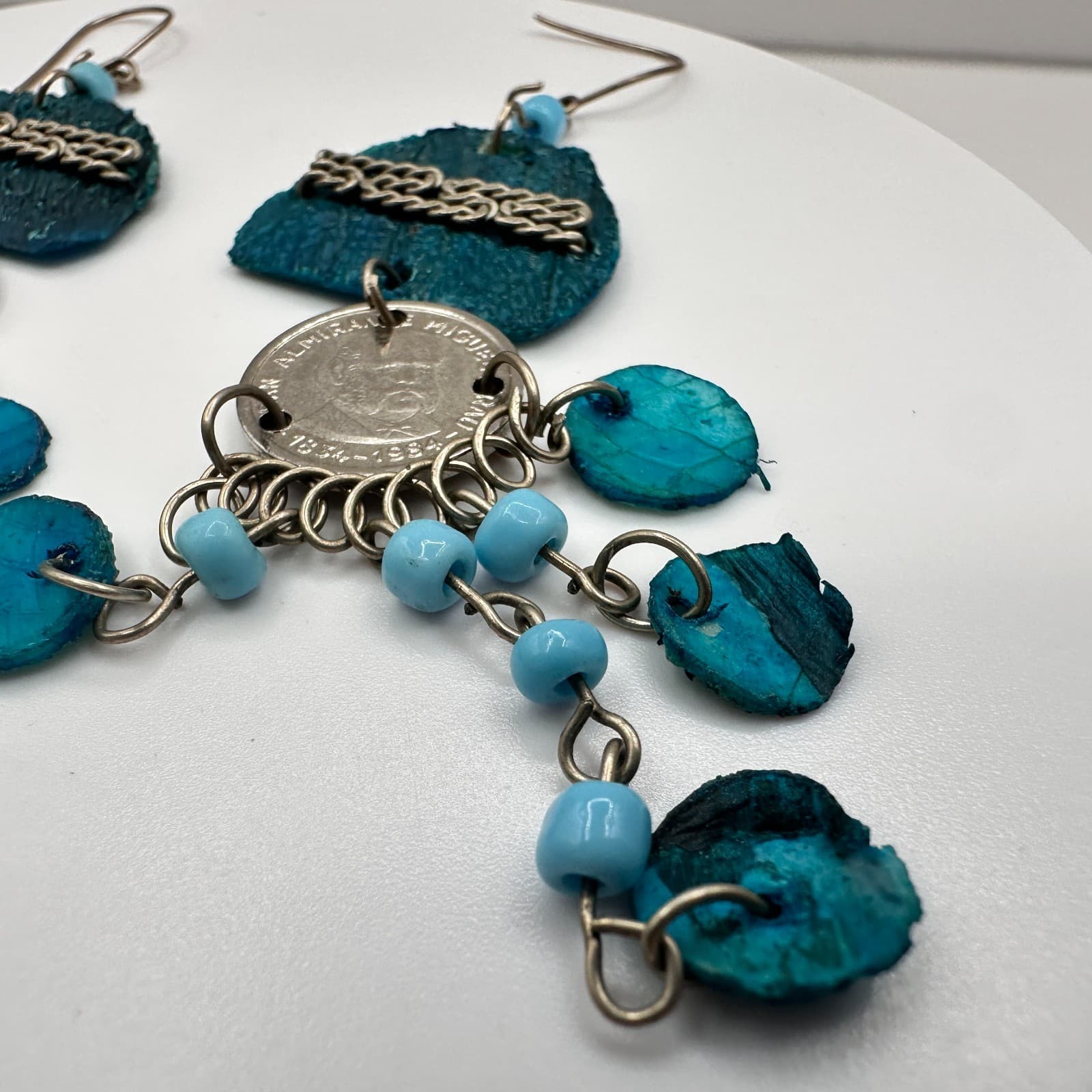 Vintage 80s Silver Tone Coin Charm Beaded Dangle Earrings Boho Women's Jewelry - Thumbnail 3