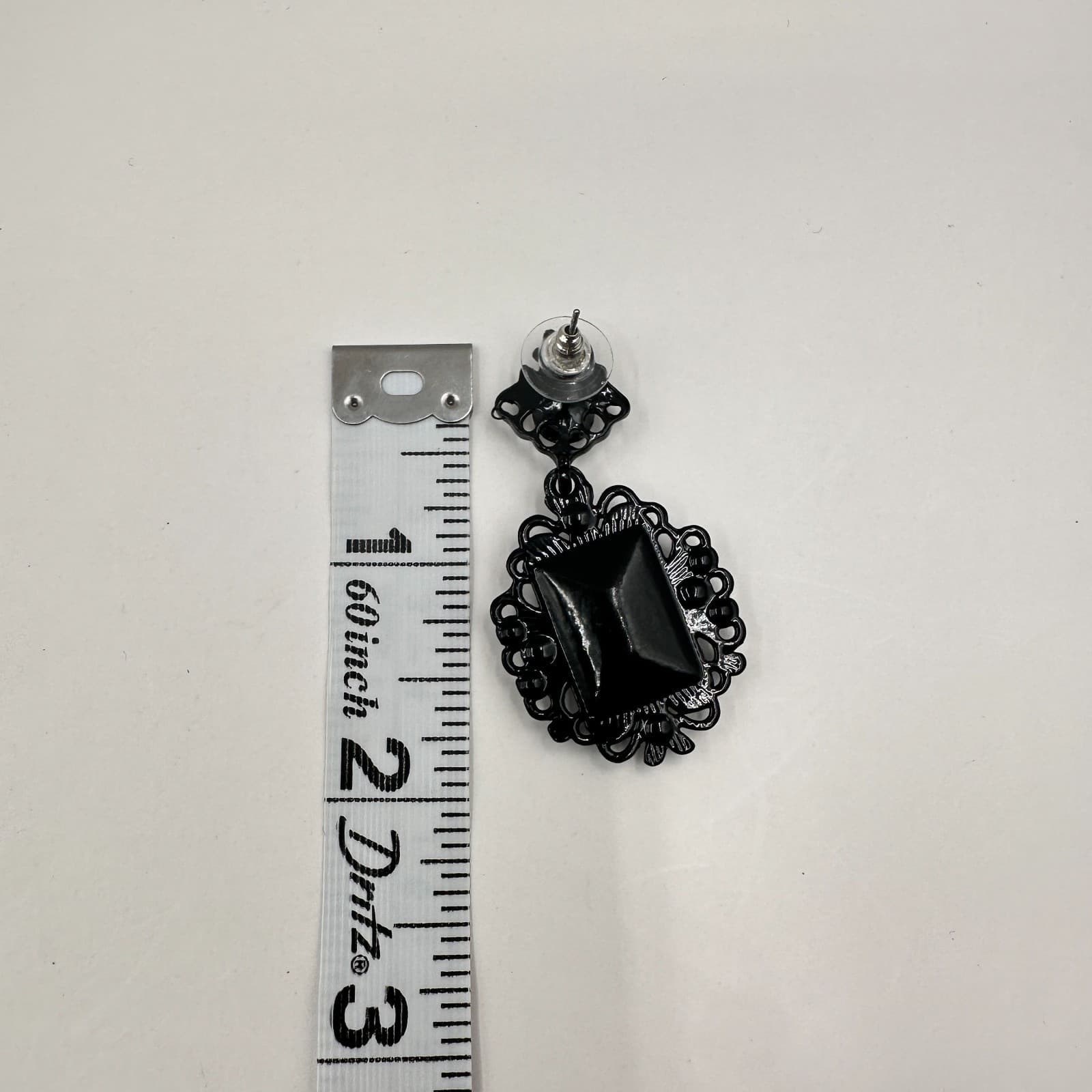 Vintage 80s Faceted Clear Crystal Stone Drop Stud Earrings Black Tone Jewelry - Thumbnail 8