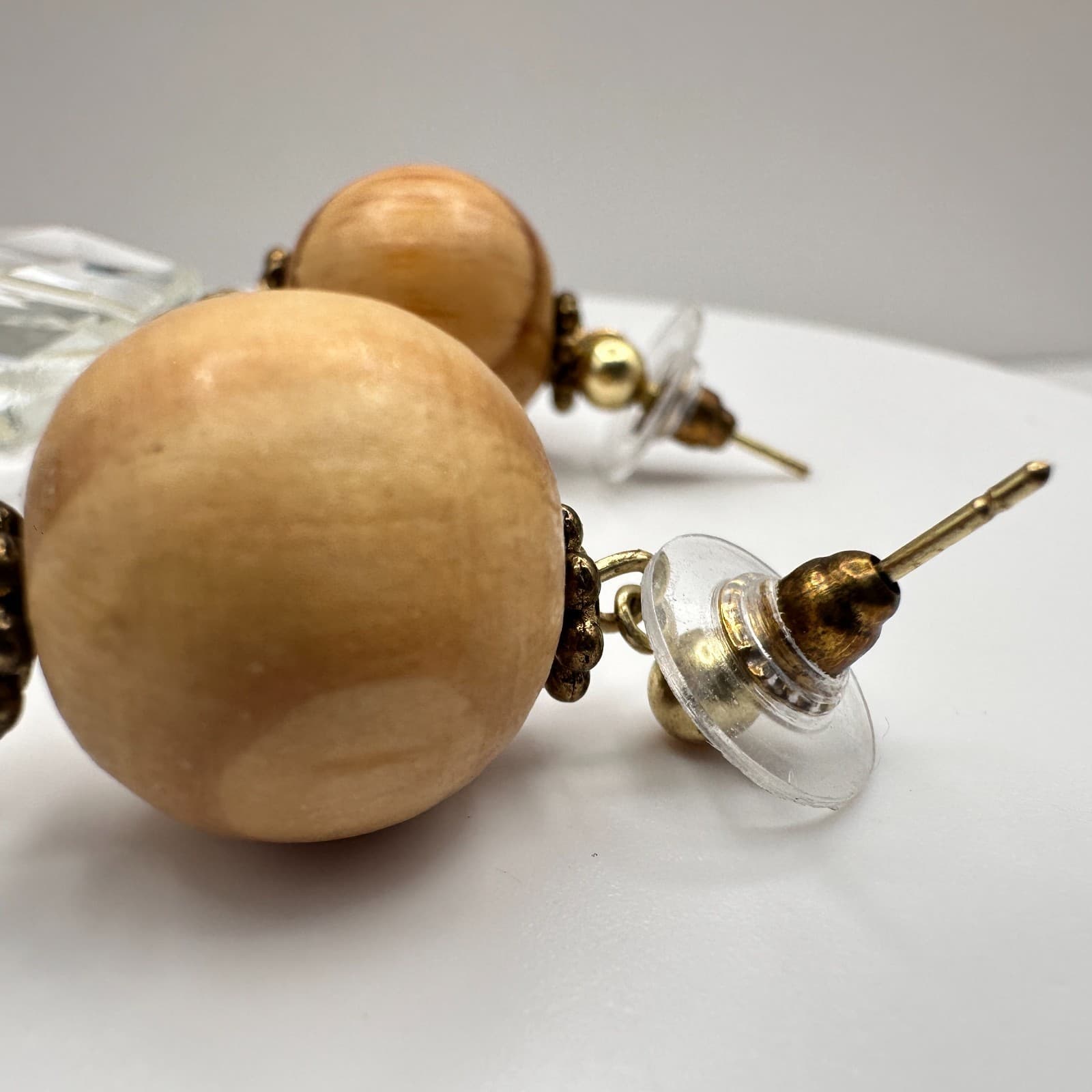 Vintage 90s Clear Crystal Wood Bead Drop Stud Earrings Gold Tone Women's Jewelry - Thumbnail 6