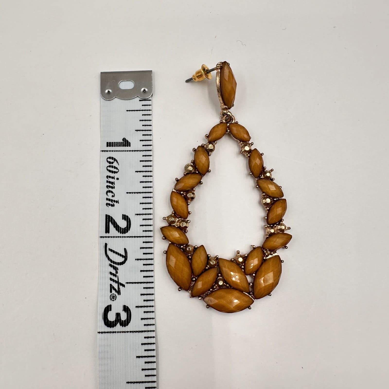 Vintage 80s Gold Tone Amber Glass Marquise Teardrop Earrings Statement Jewelry - Thumbnail 6