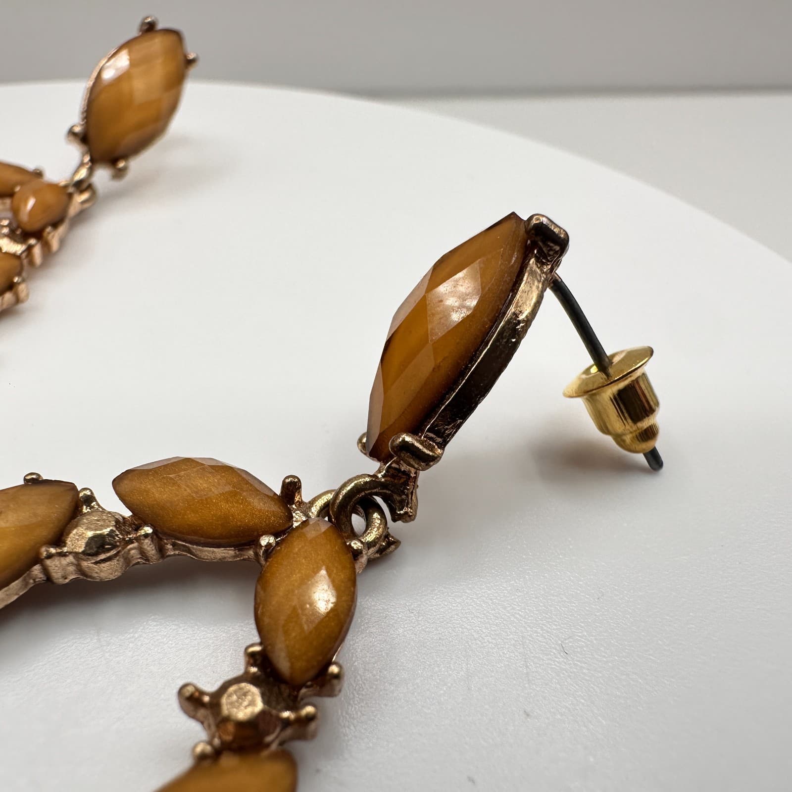 Vintage 80s Gold Tone Amber Glass Marquise Teardrop Earrings Statement Jewelry - Thumbnail 5