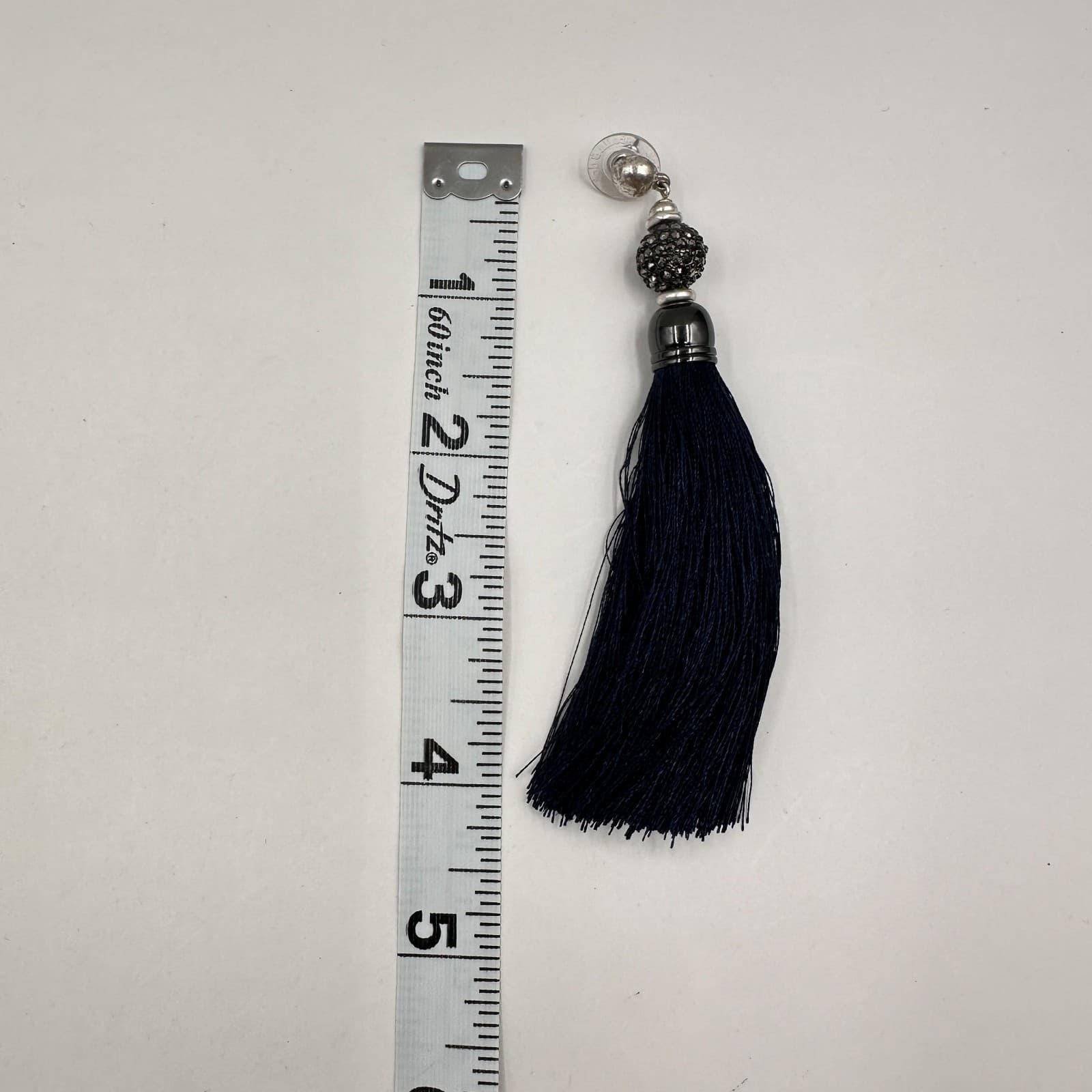 Vintage 80s Navy Tassel Stud Earrings Silver Tone Crystal Bead Women's Jewelry - Thumbnail 8