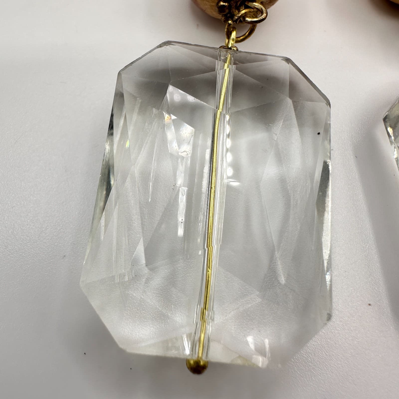 Vintage 90s Clear Crystal Wood Bead Drop Stud Earrings Gold Tone Women's Jewelry - Thumbnail 3