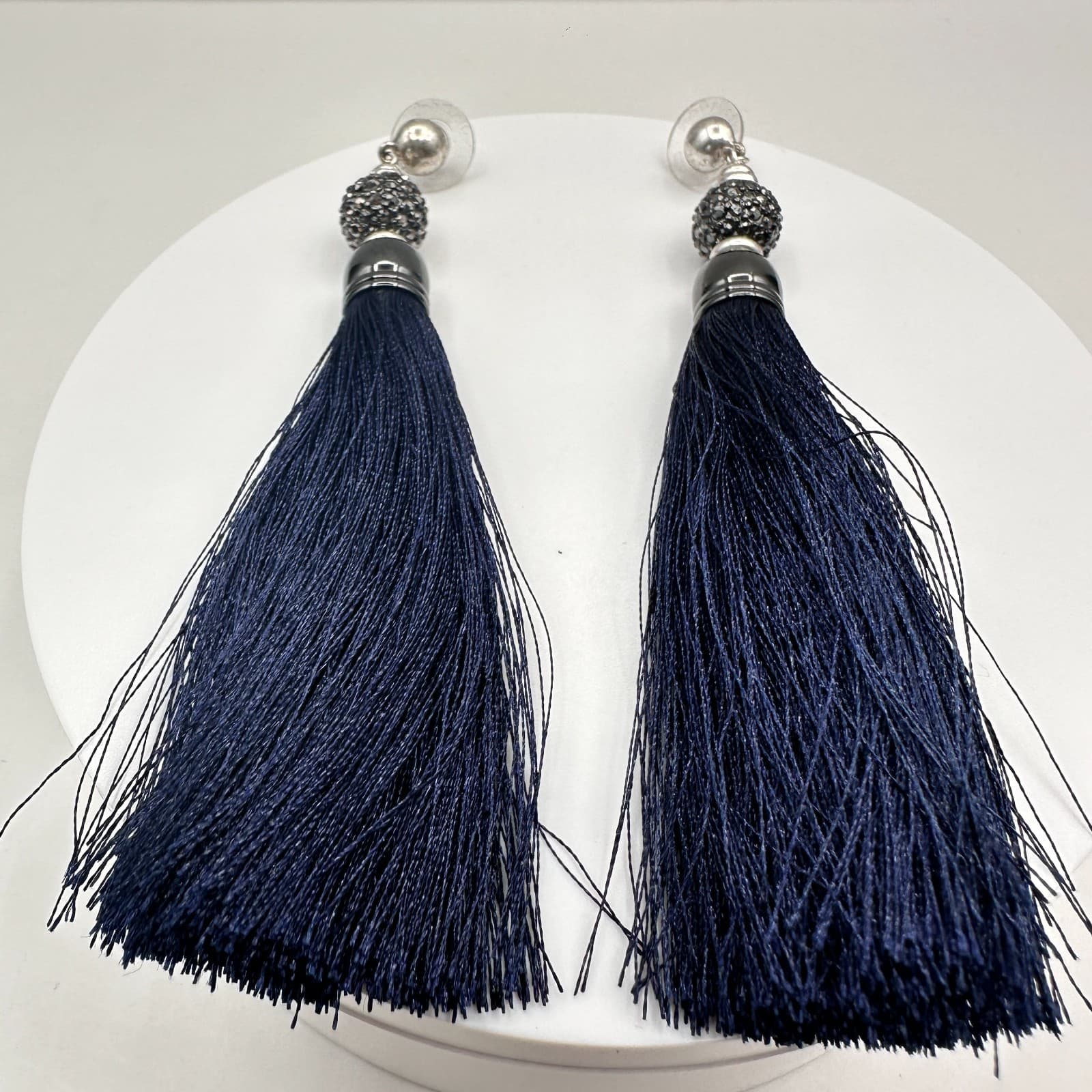 Vintage 80s Navy Tassel Stud Earrings Silver Tone Crystal Bead Women's Jewelry - Thumbnail 2