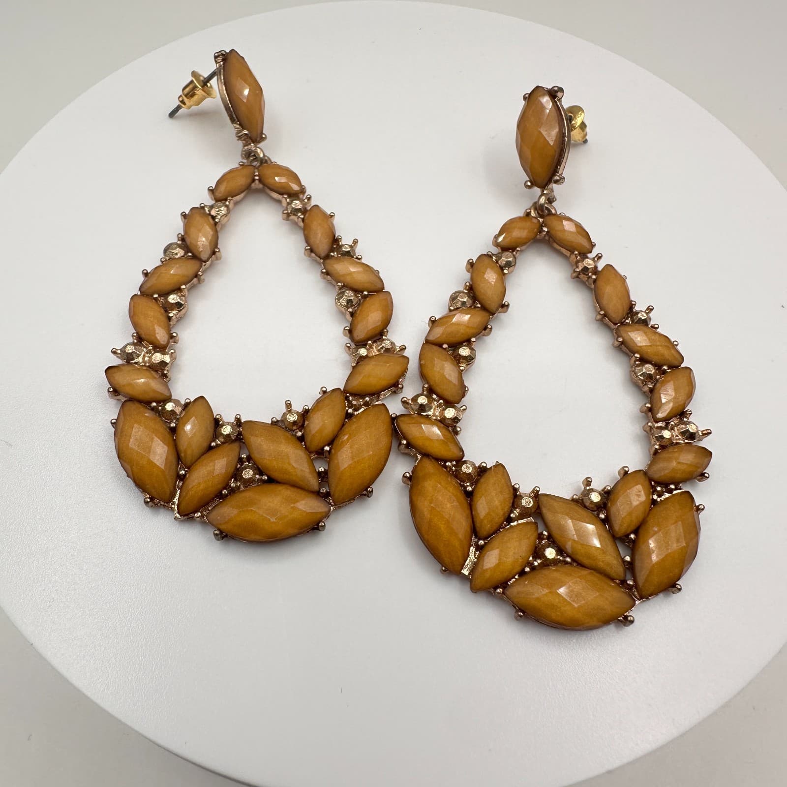 Vintage 80s Gold Tone Amber Glass Marquise Teardrop Earrings Statement Jewelry - Thumbnail 2