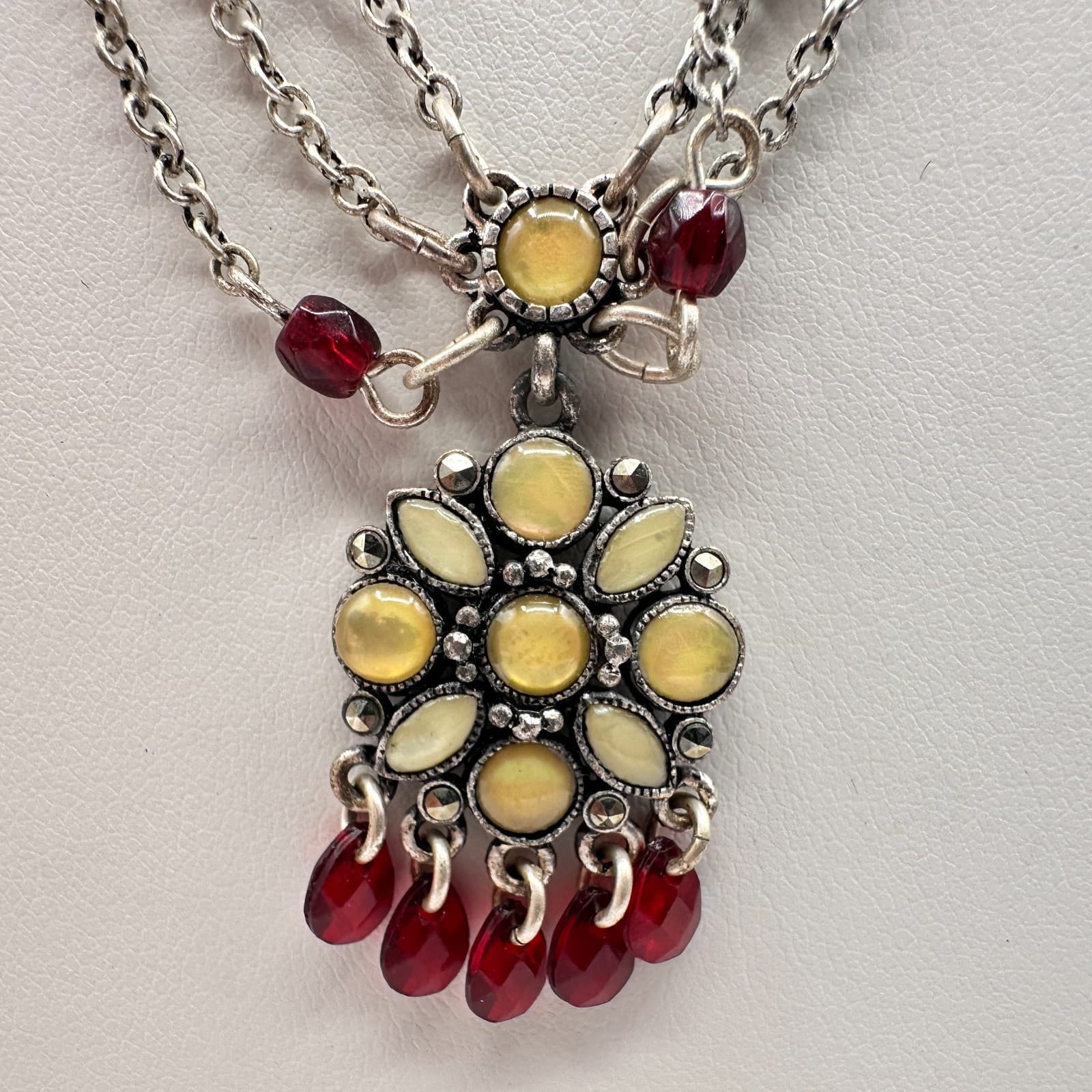 Vintage 20s Yellow Flower Pendant Silver Tone Multi-Strand Necklace Jewelry - Thumbnail 2