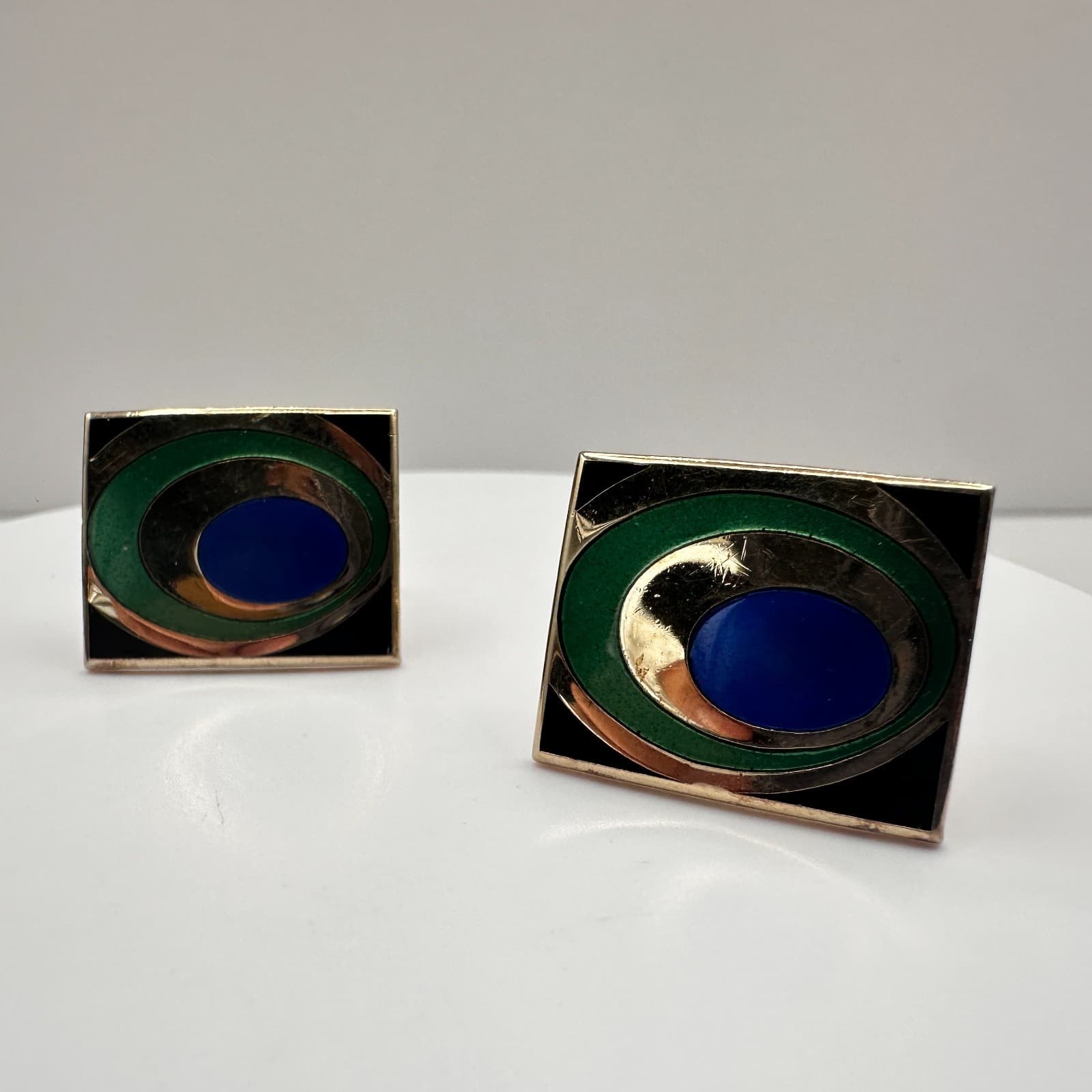 Vintage 80s Gold Tone Cufflinks Blue Green Enamel Peacock Eye Abstract Jewelry - Image 1