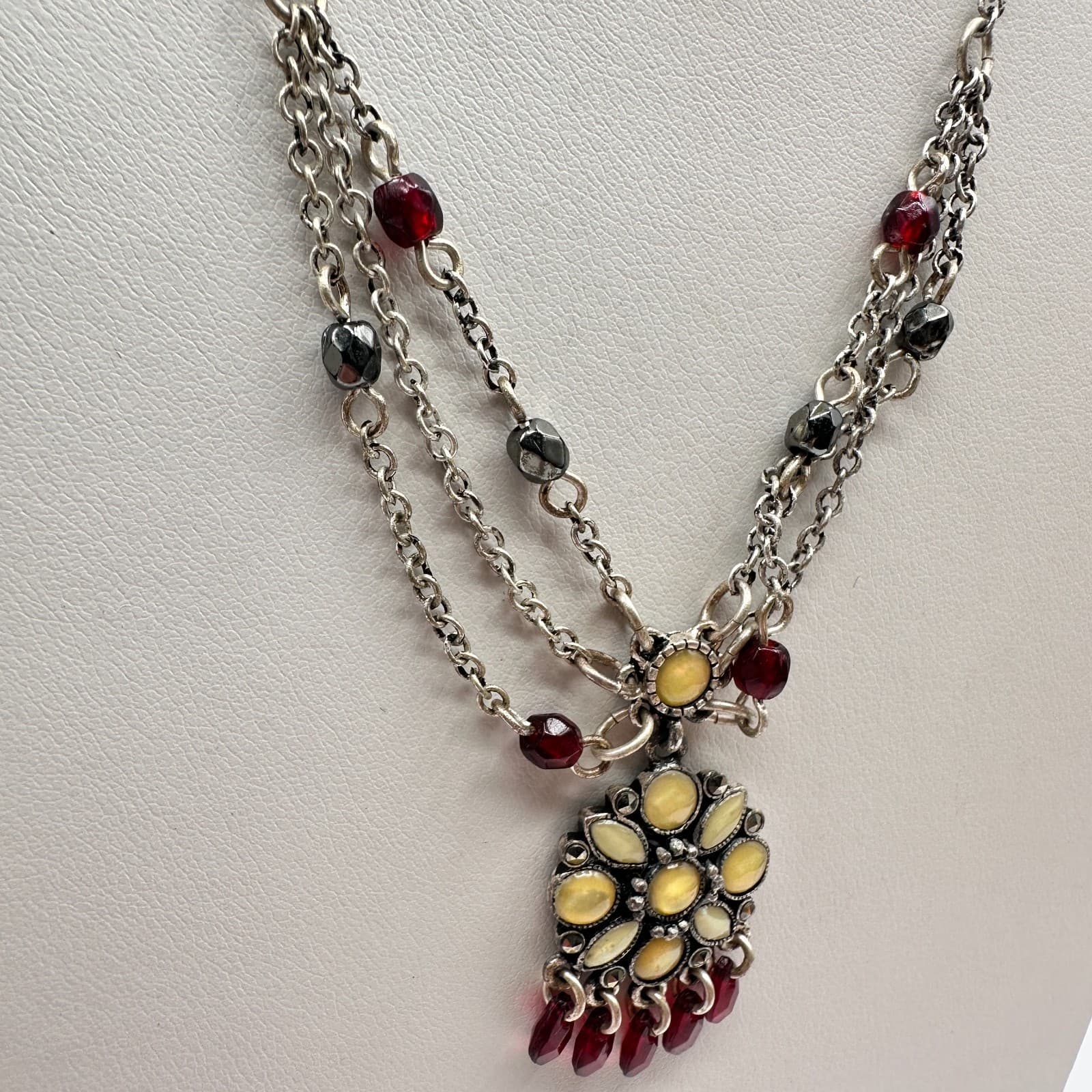 Vintage 20s Yellow Flower Pendant Silver Tone Multi-Strand Necklace Jewelry - Thumbnail 3