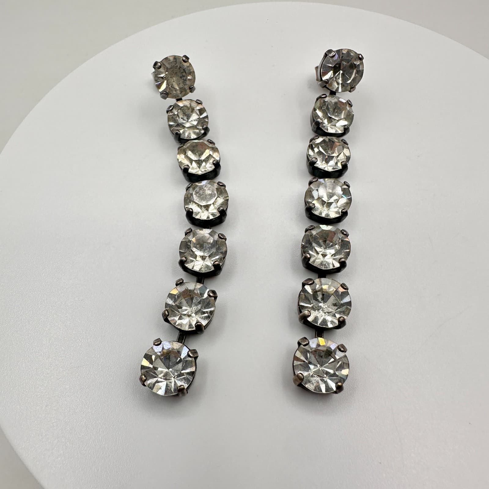 Vintage 90s Silver Tone Clear Rhinestone Dangle Earrings Women's Classic Jewelry - Image 1