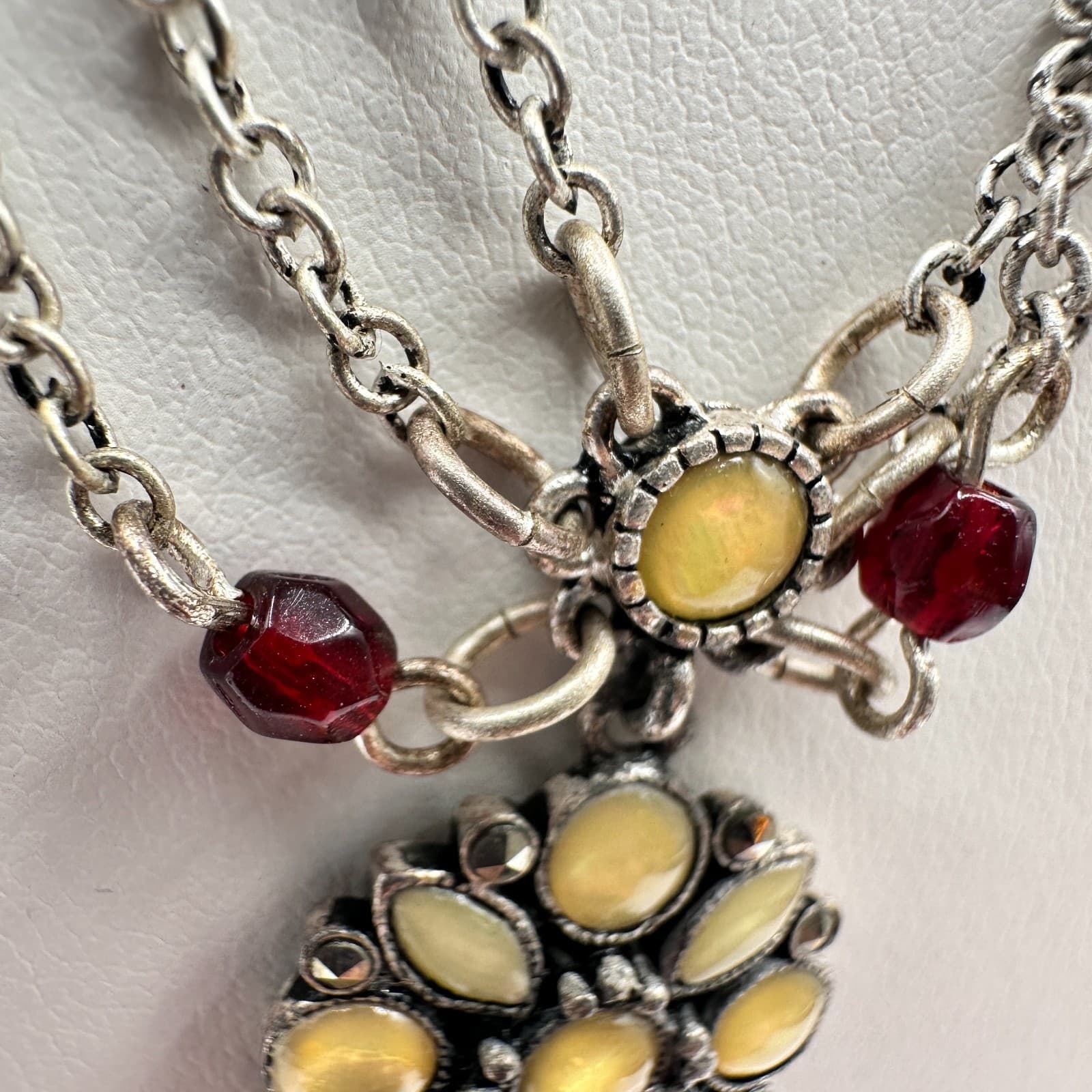 Vintage 20s Yellow Flower Pendant Silver Tone Multi-Strand Necklace Jewelry - Thumbnail 5