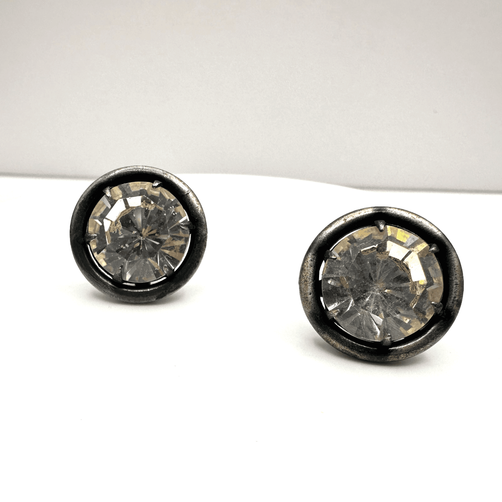 Vintage 90s Silver Tone Round Crystal Stud Earrings Modernist Women's Jewelry - Image 1