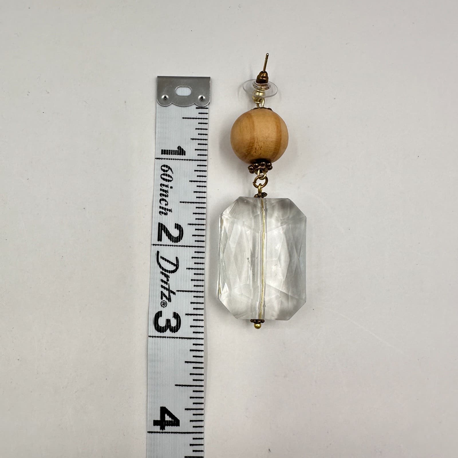 Vintage 90s Clear Crystal Wood Bead Drop Stud Earrings Gold Tone Women's Jewelry - Thumbnail 8