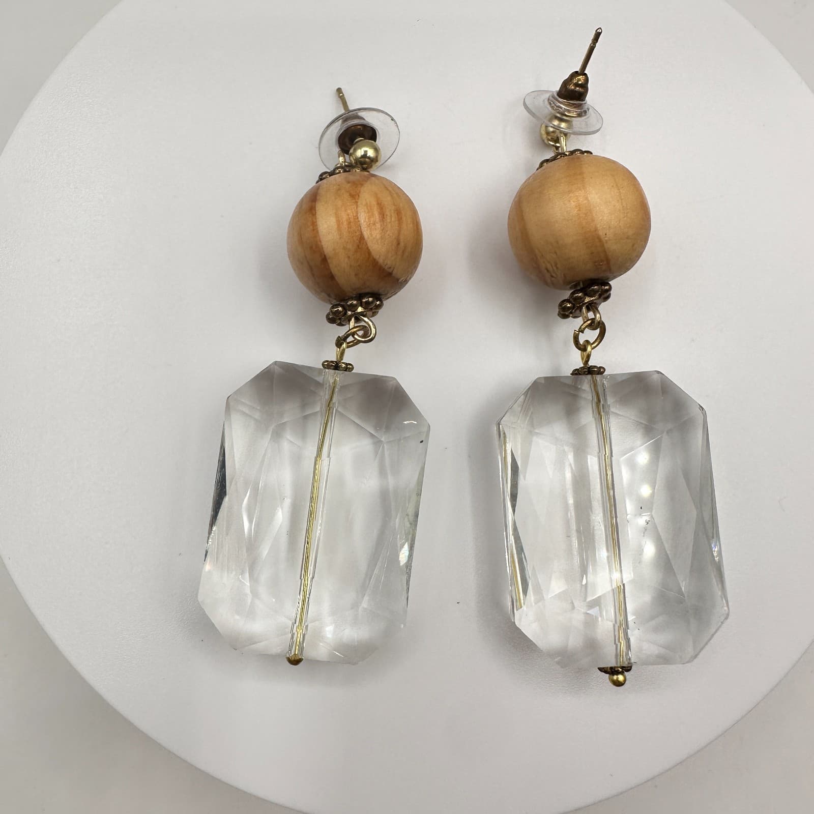 Vintage 90s Clear Crystal Wood Bead Drop Stud Earrings Gold Tone Women's Jewelry - Thumbnail 2