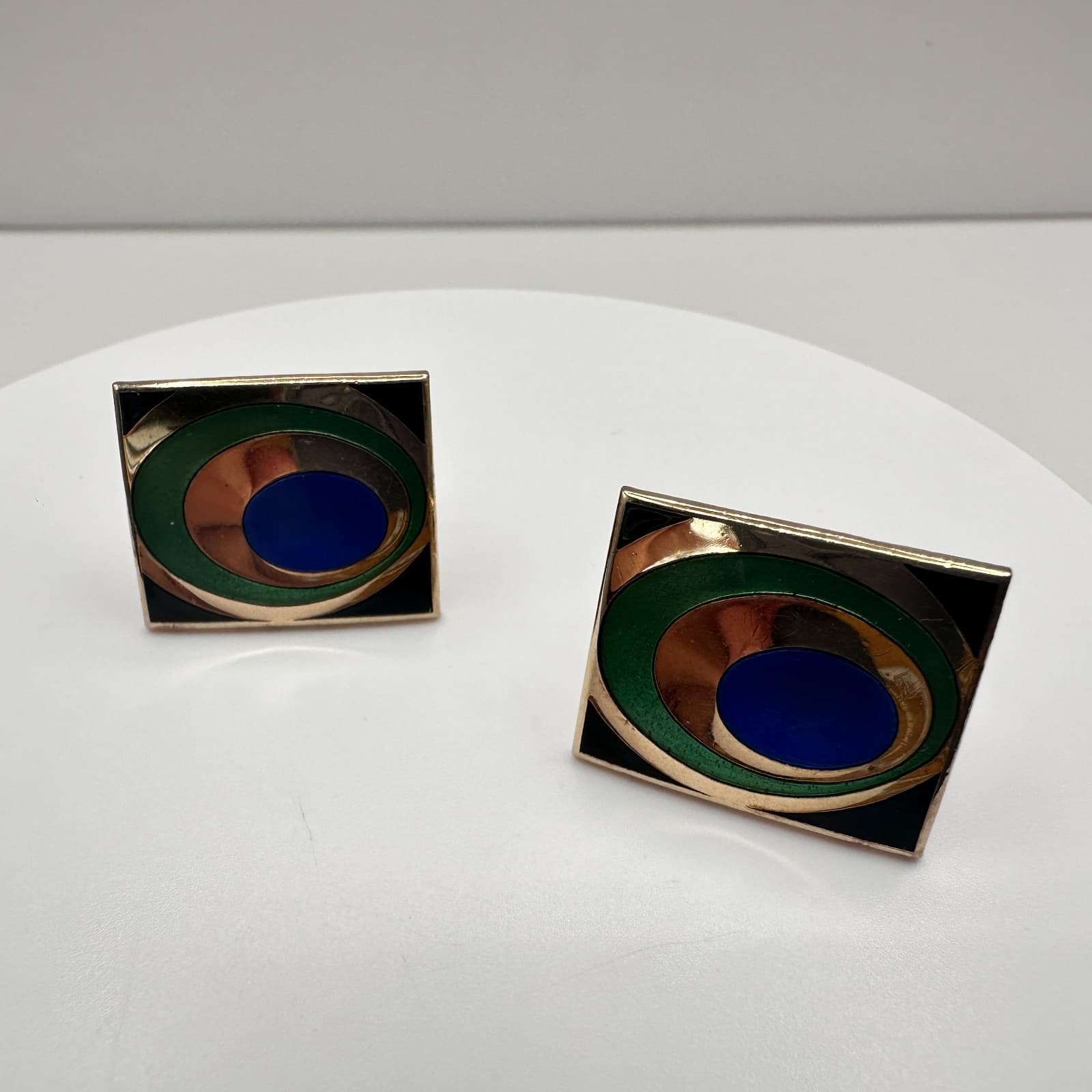 Vintage 80s Gold Tone Cufflinks Blue Green Enamel Peacock Eye Abstract Jewelry - Thumbnail 2