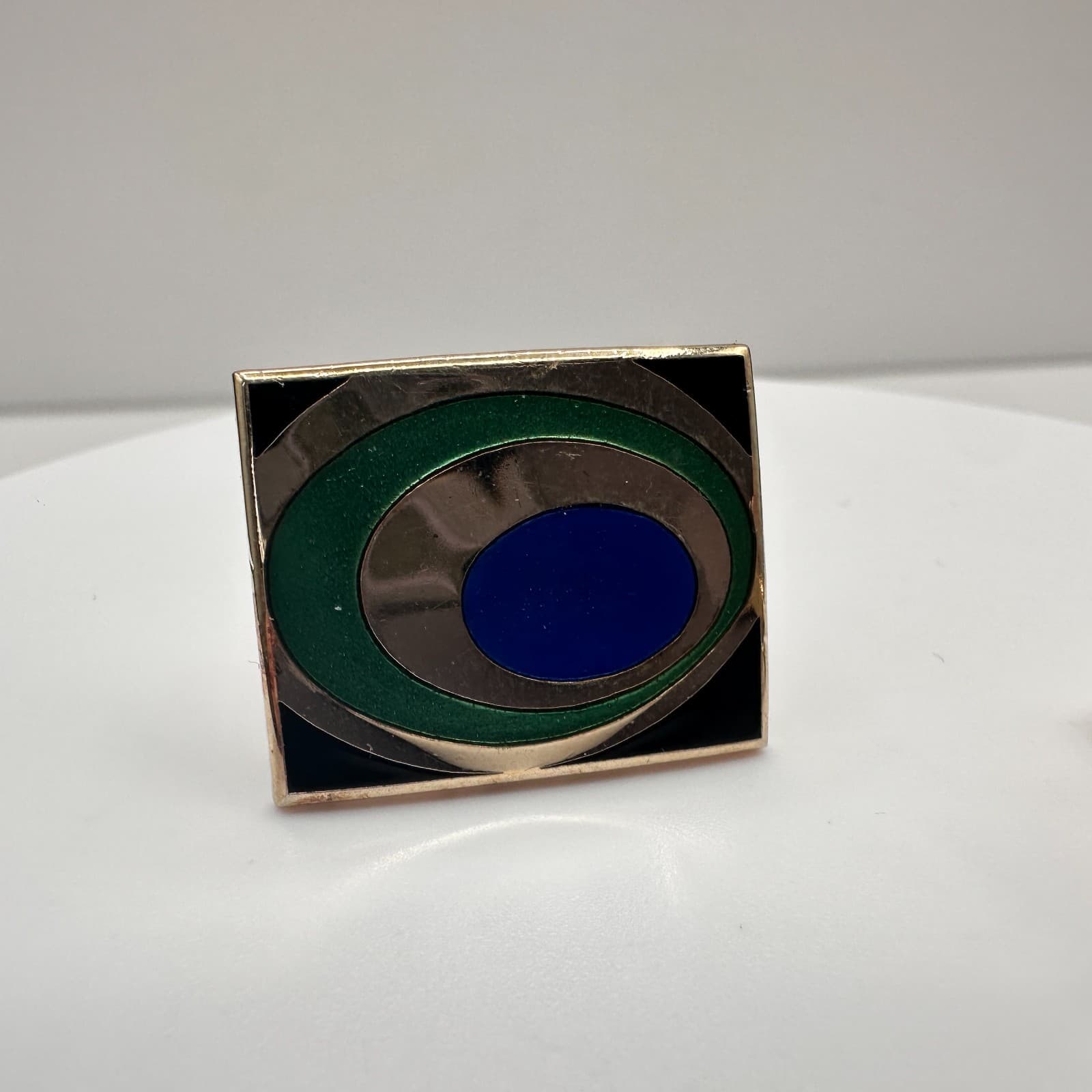 Vintage 80s Gold Tone Cufflinks Blue Green Enamel Peacock Eye Abstract Jewelry - Thumbnail 3