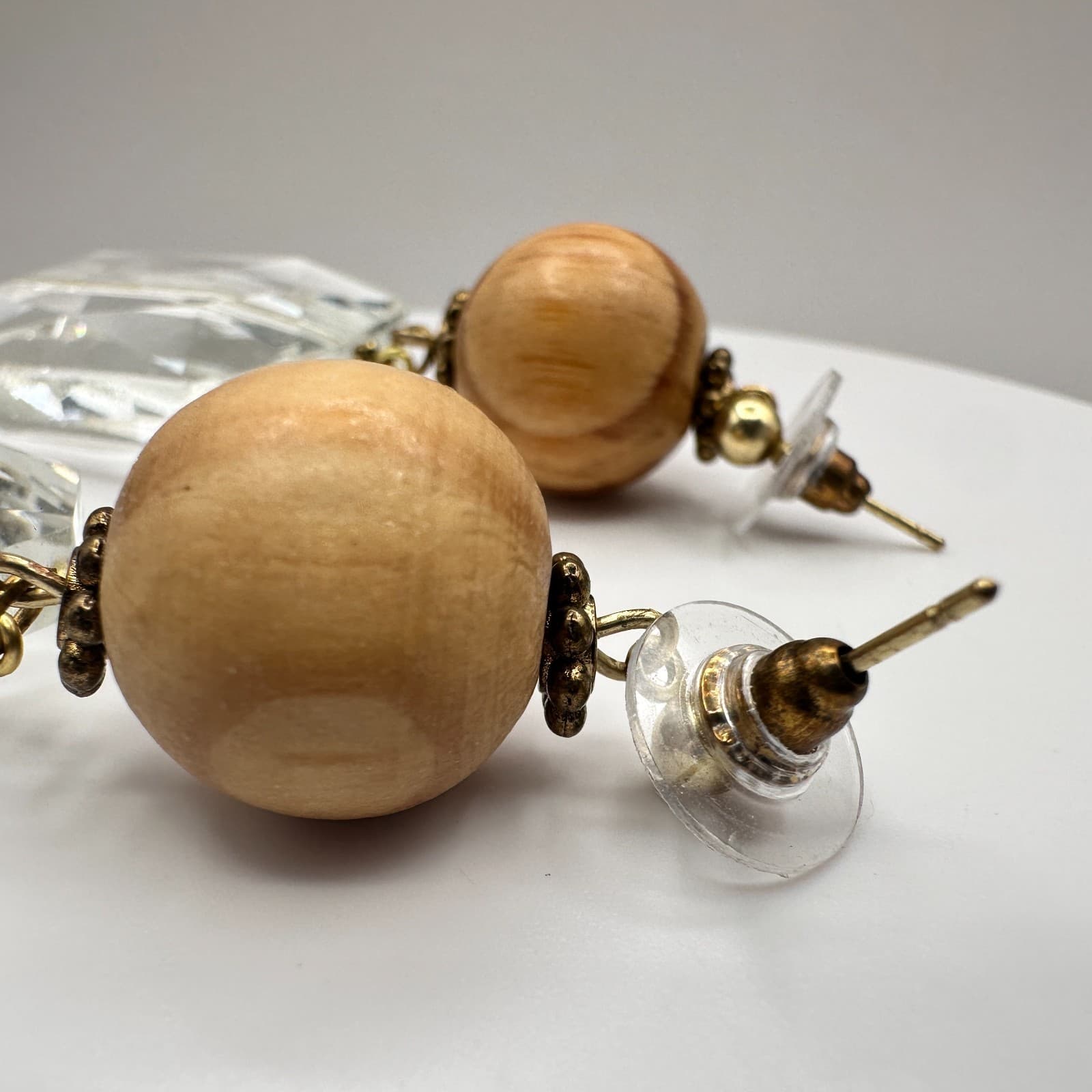 Vintage 90s Clear Crystal Wood Bead Drop Stud Earrings Gold Tone Women's Jewelry - Thumbnail 5