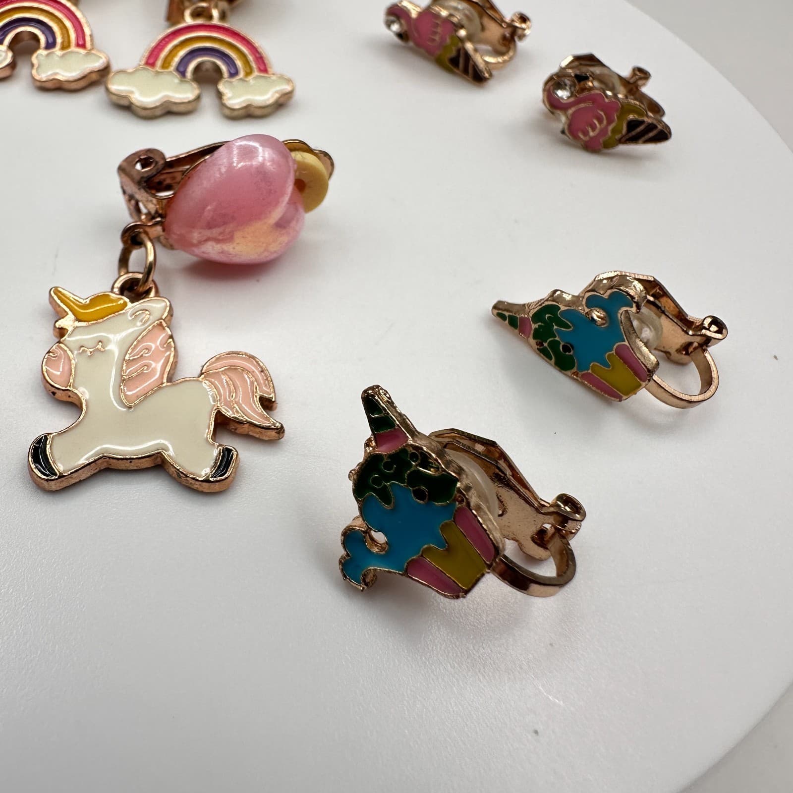 Vintage 90s Jewelry Lot 4 Pair Clip On Earrings Unicorn Rainbow Ice Cream Pink - Thumbnail 7
