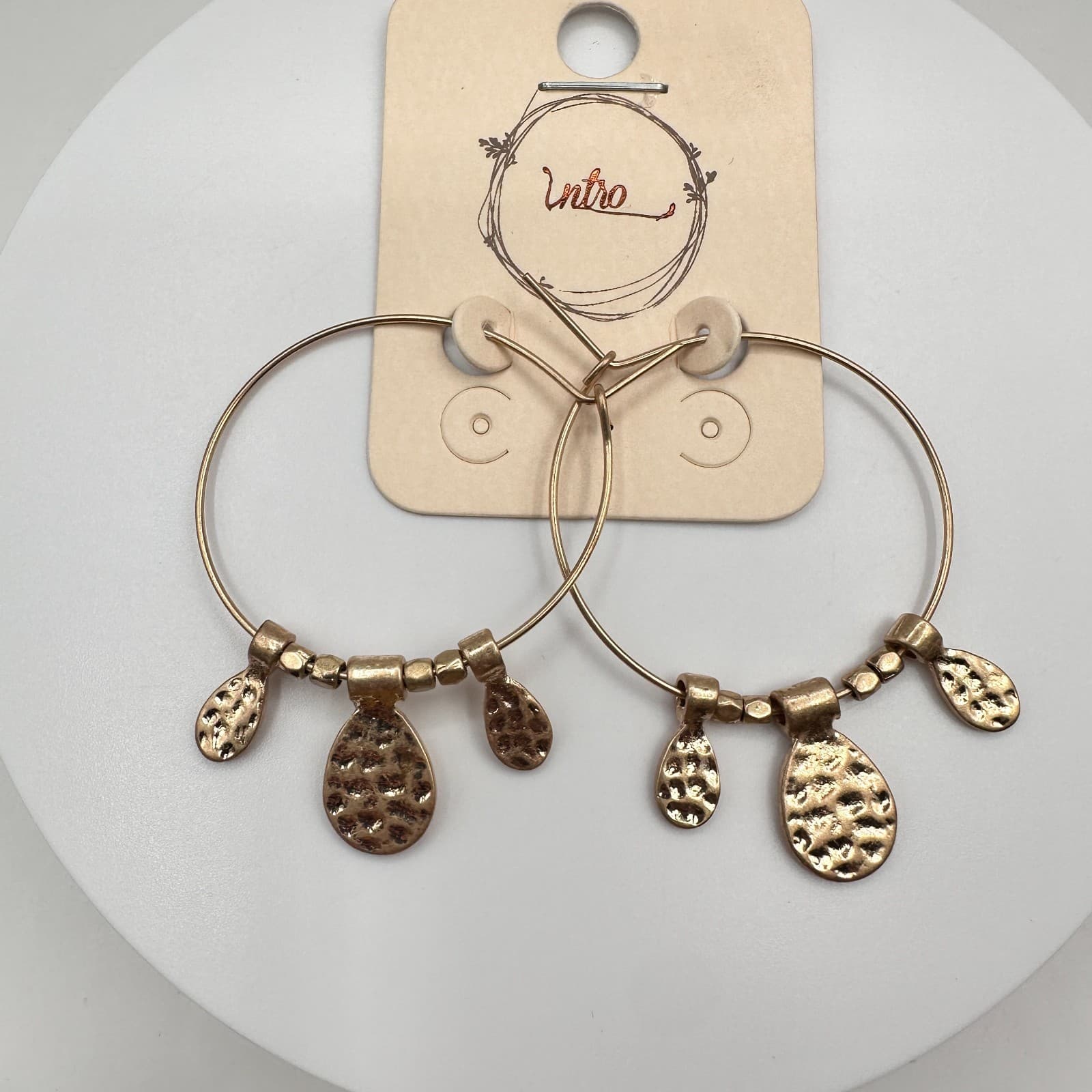 Vintage 90s Intro Gold Tone Hammered Teardrop Hoop Earrings Women's Jewelry - Thumbnail 5