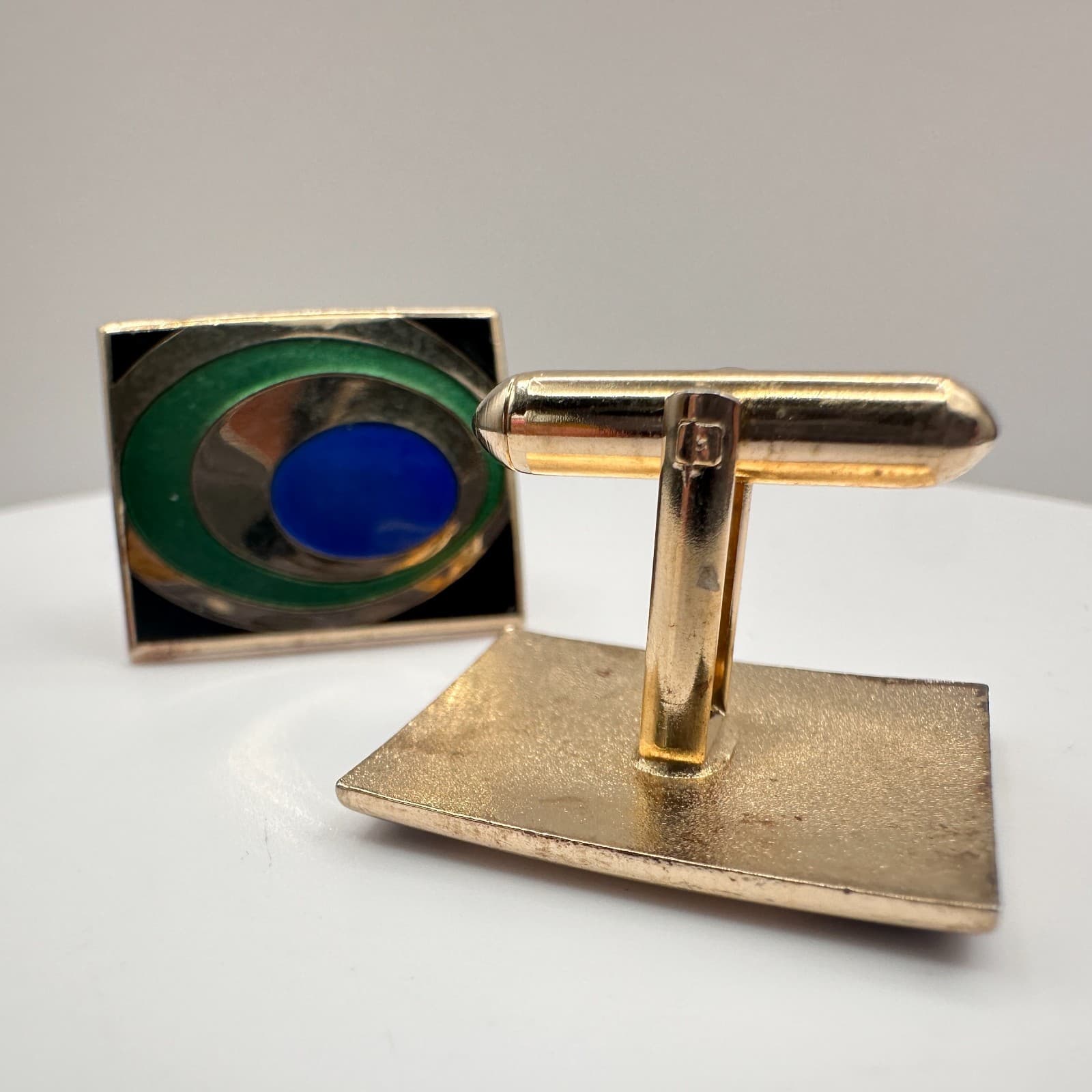 Vintage 80s Gold Tone Cufflinks Blue Green Enamel Peacock Eye Abstract Jewelry - Thumbnail 4