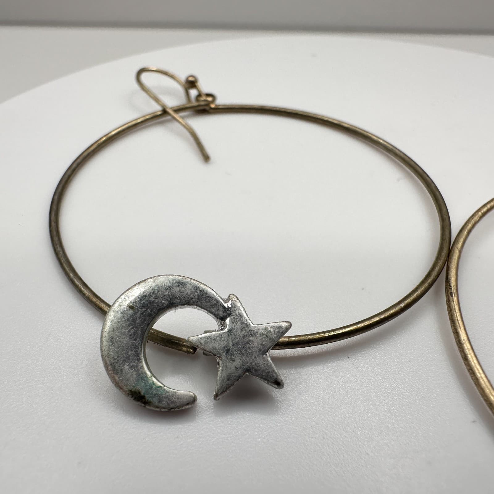 Vintage 90s Celestial Hoop Star Moon Earrings Silver Tone Women's Jewelry - Thumbnail 4