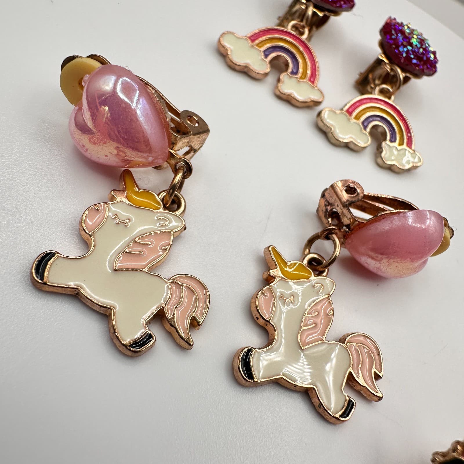 Vintage 90s Jewelry Lot 4 Pair Clip On Earrings Unicorn Rainbow Ice Cream Pink - Thumbnail 3