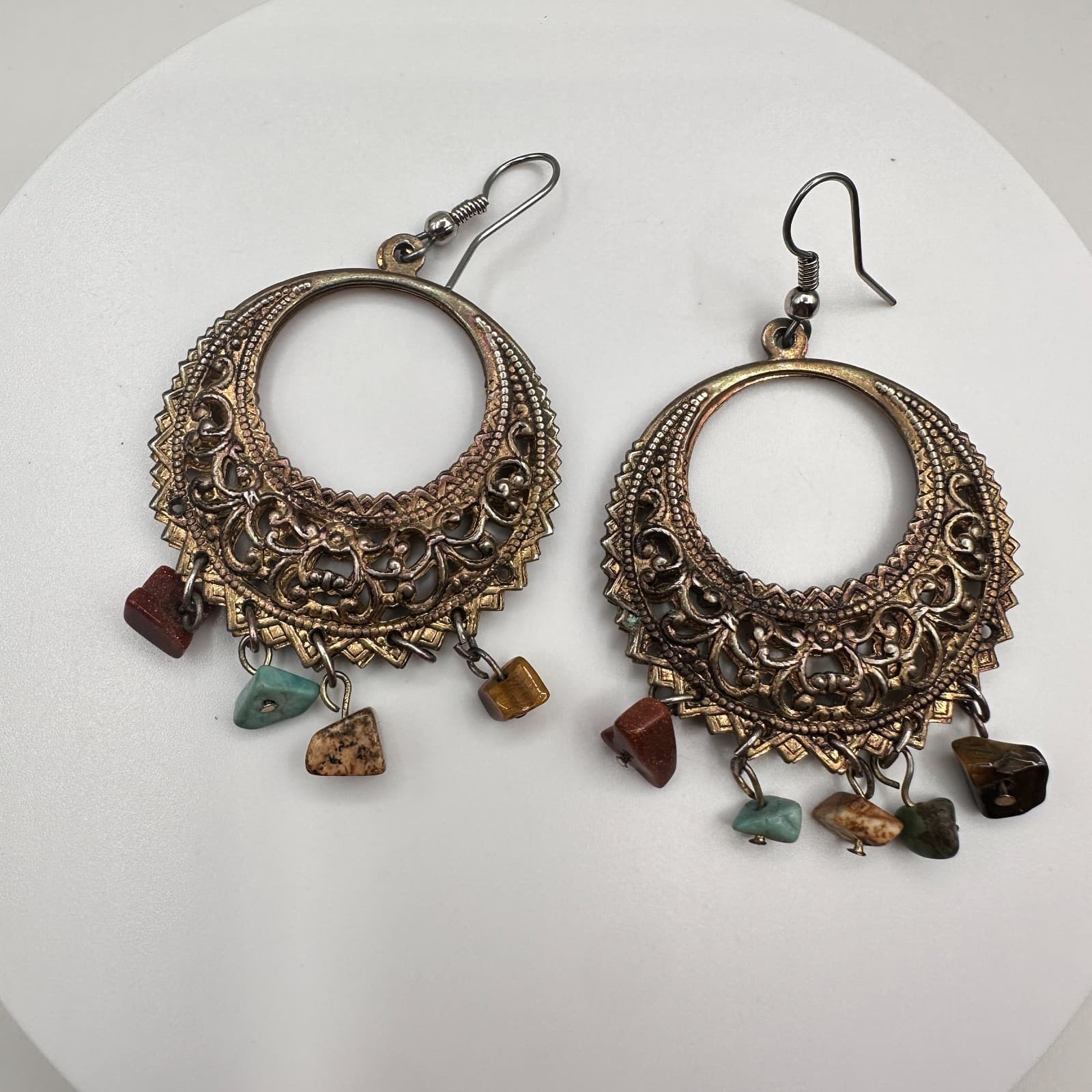 Vintage 90s Natural Stone Chip Crescent Hoop Earrings Bronze Tone Jewelry - Image 1