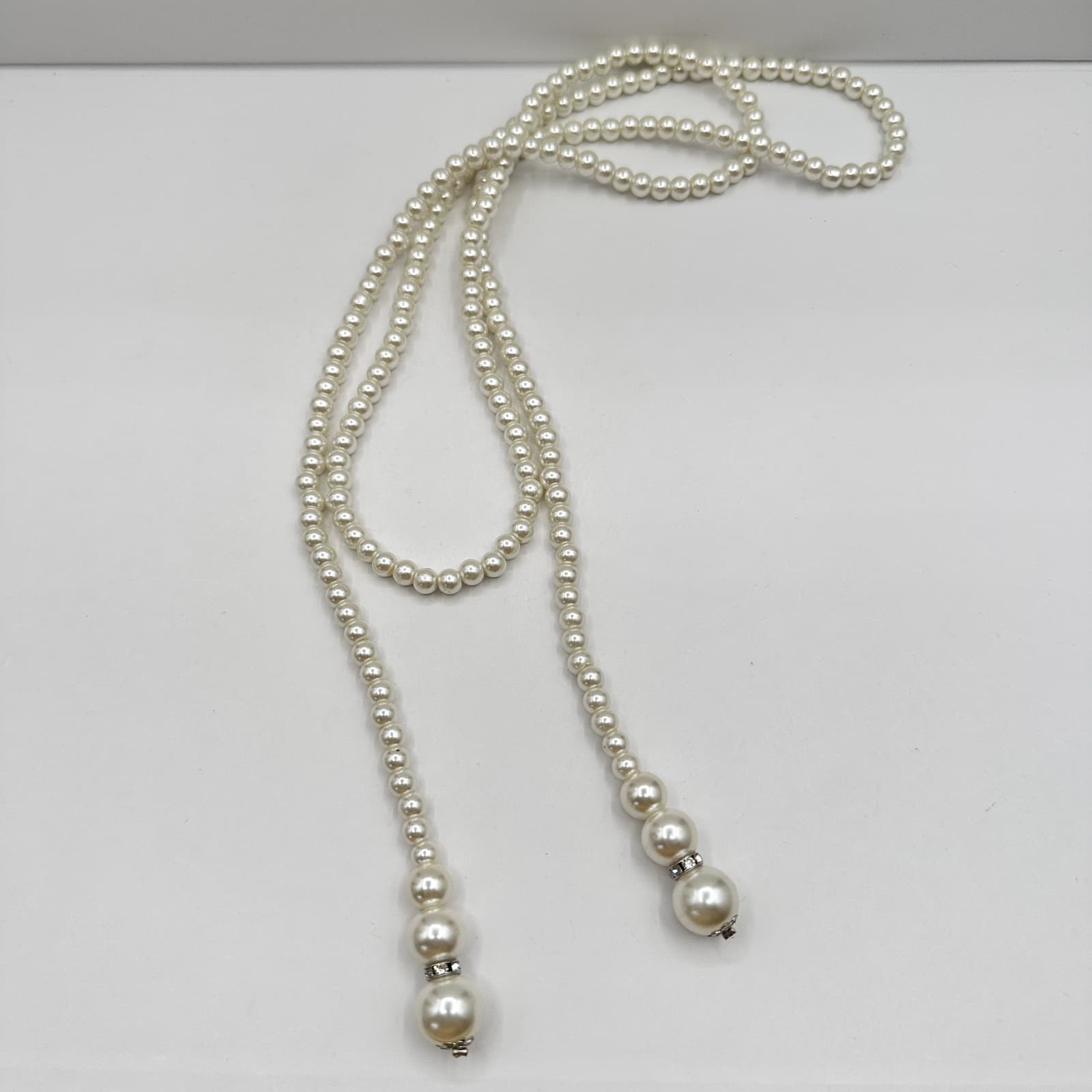 Vintage 90s White Faux Pearl Beaded Necklace Silver Tone Women's Classic Jewelry - Thumbnail 5