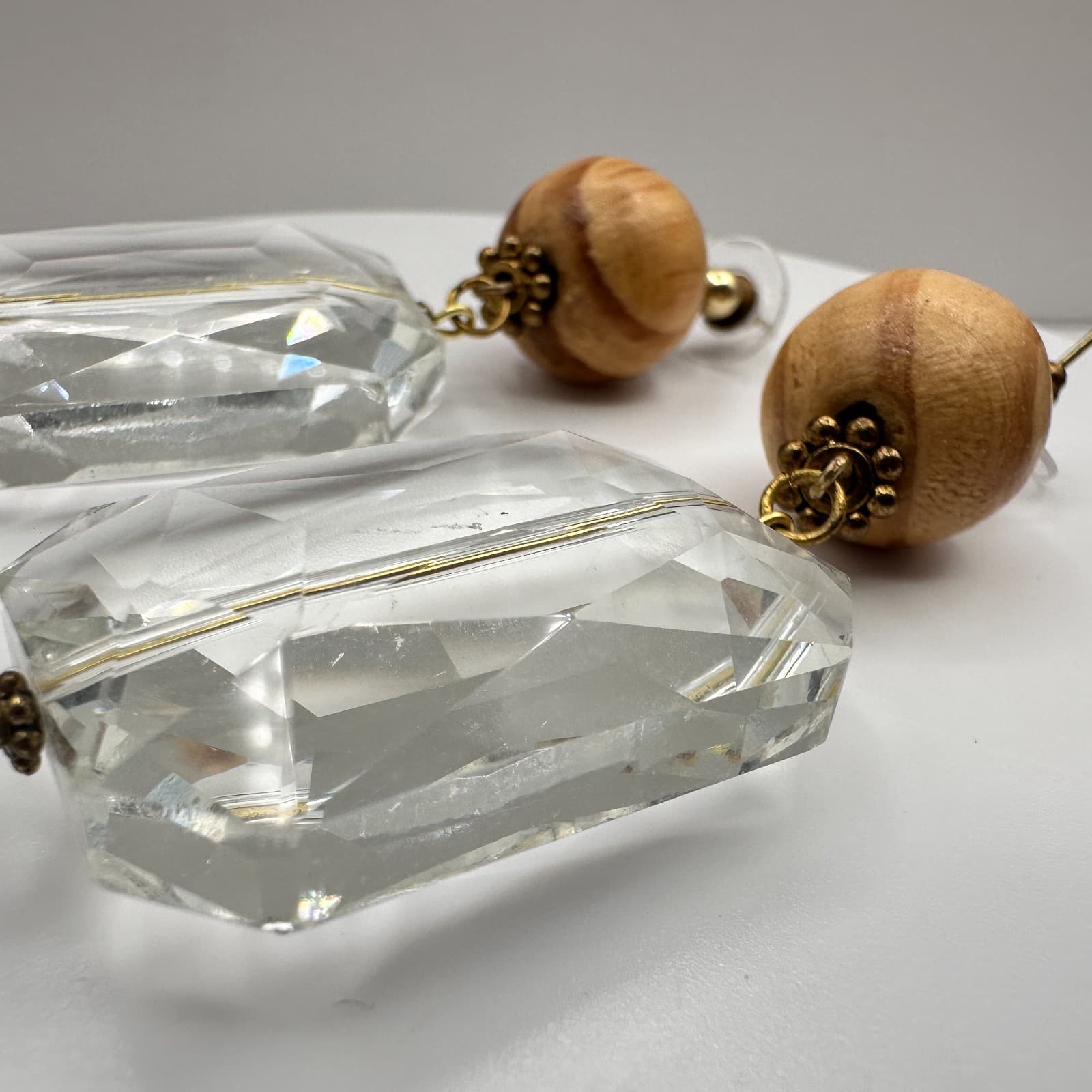 Vintage 90s Clear Crystal Wood Bead Drop Stud Earrings Gold Tone Women's Jewelry - Thumbnail 4