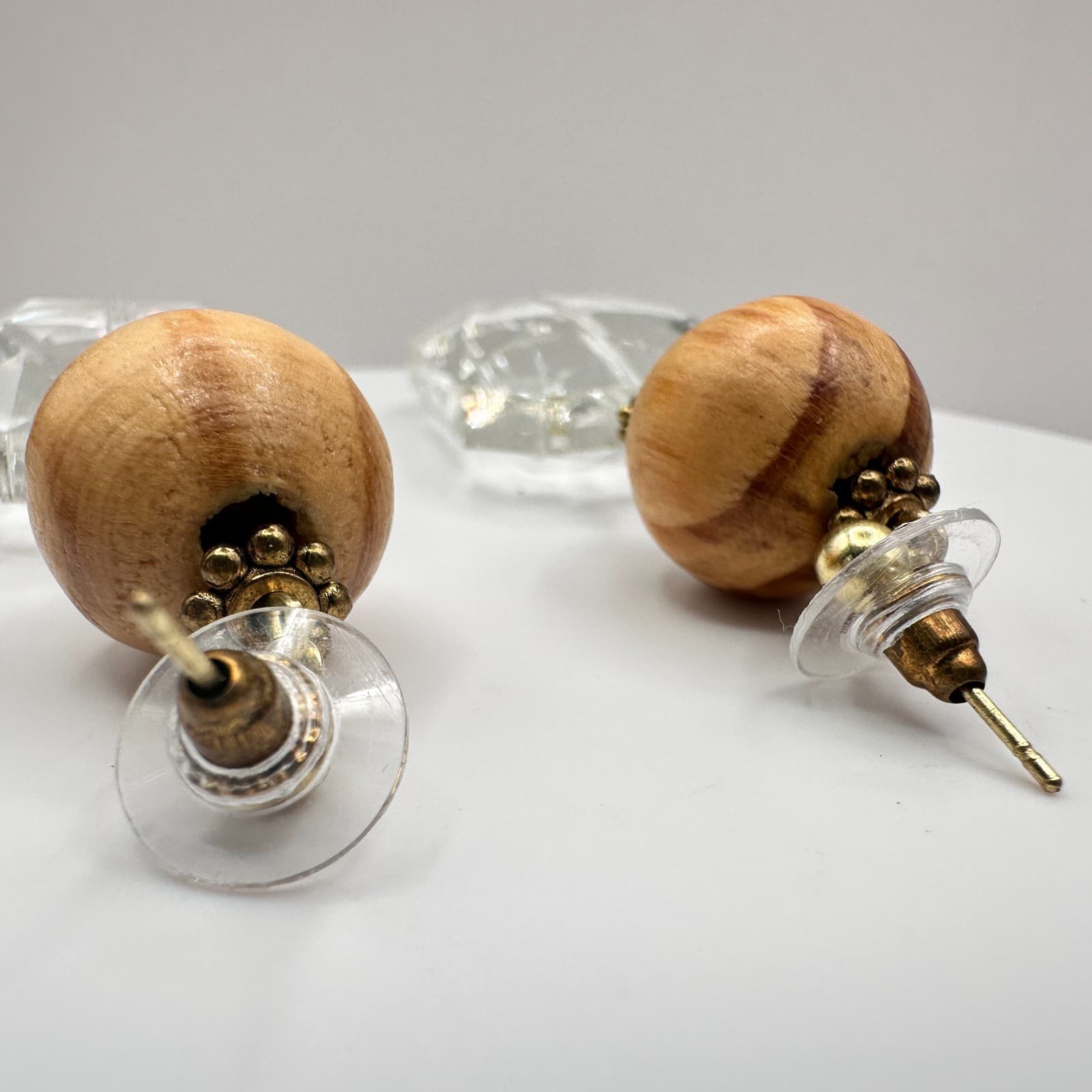 Vintage 90s Clear Crystal Wood Bead Drop Stud Earrings Gold Tone Women's Jewelry - Thumbnail 7