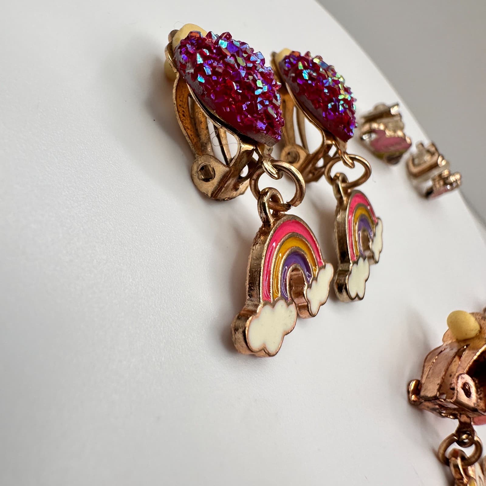 Vintage 90s Jewelry Lot 4 Pair Clip On Earrings Unicorn Rainbow Ice Cream Pink - Thumbnail 9