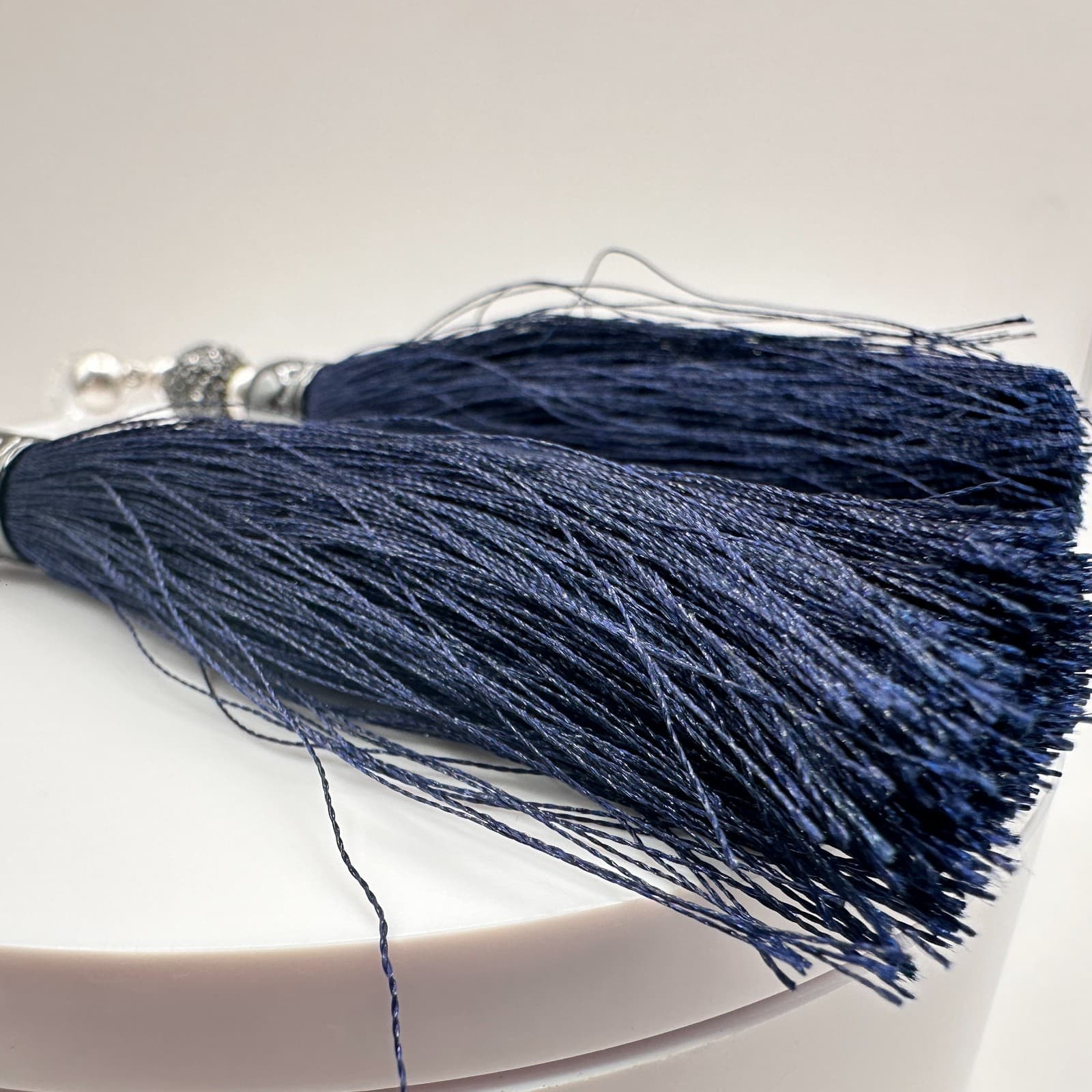 Vintage 80s Navy Tassel Stud Earrings Silver Tone Crystal Bead Women's Jewelry - Thumbnail 3