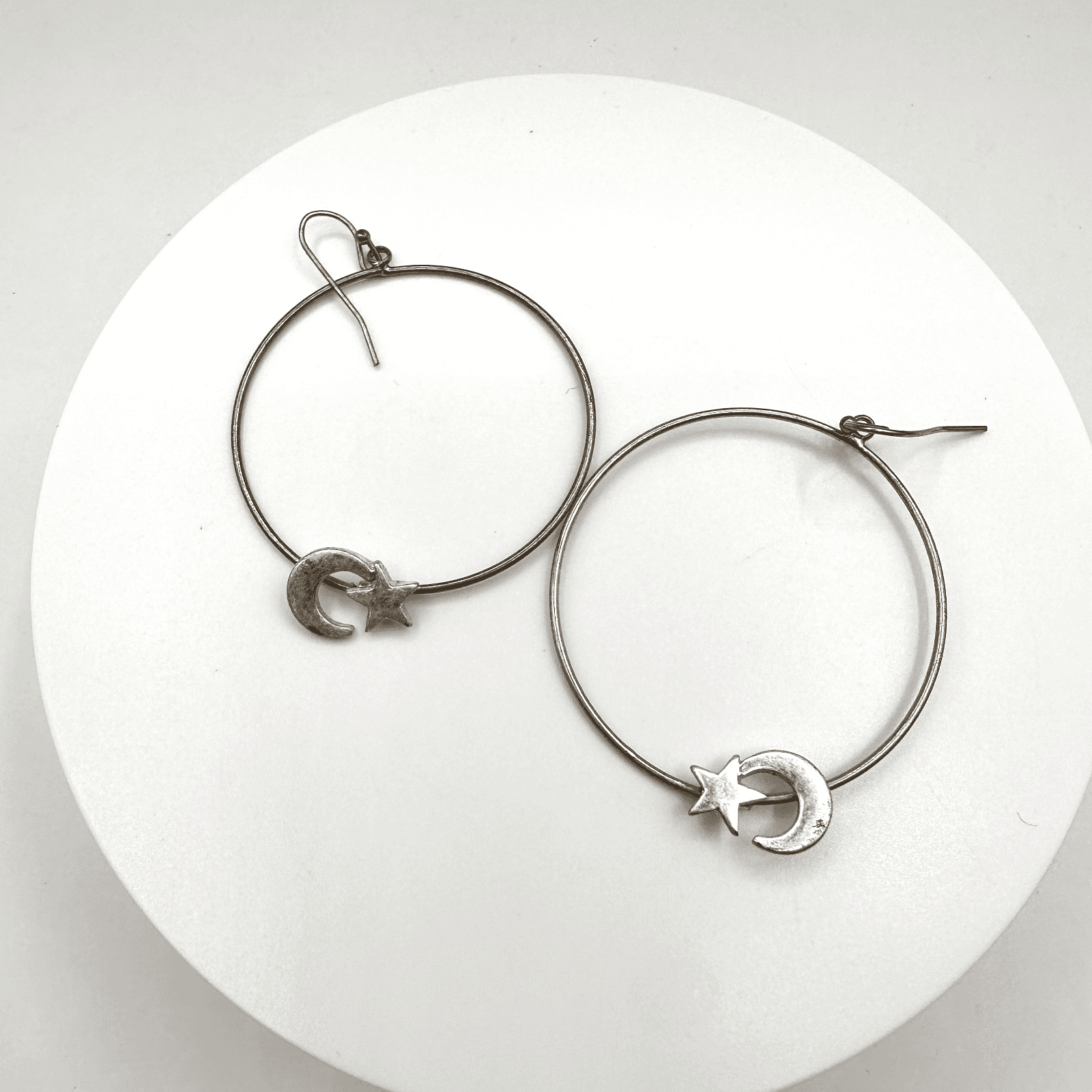 Vintage 90s Celestial Hoop Star Moon Earrings Silver Tone Women's Jewelry - Image 1