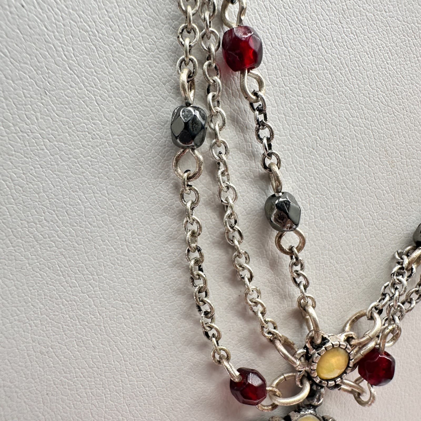 Vintage 20s Yellow Flower Pendant Silver Tone Multi-Strand Necklace Jewelry - Thumbnail 4