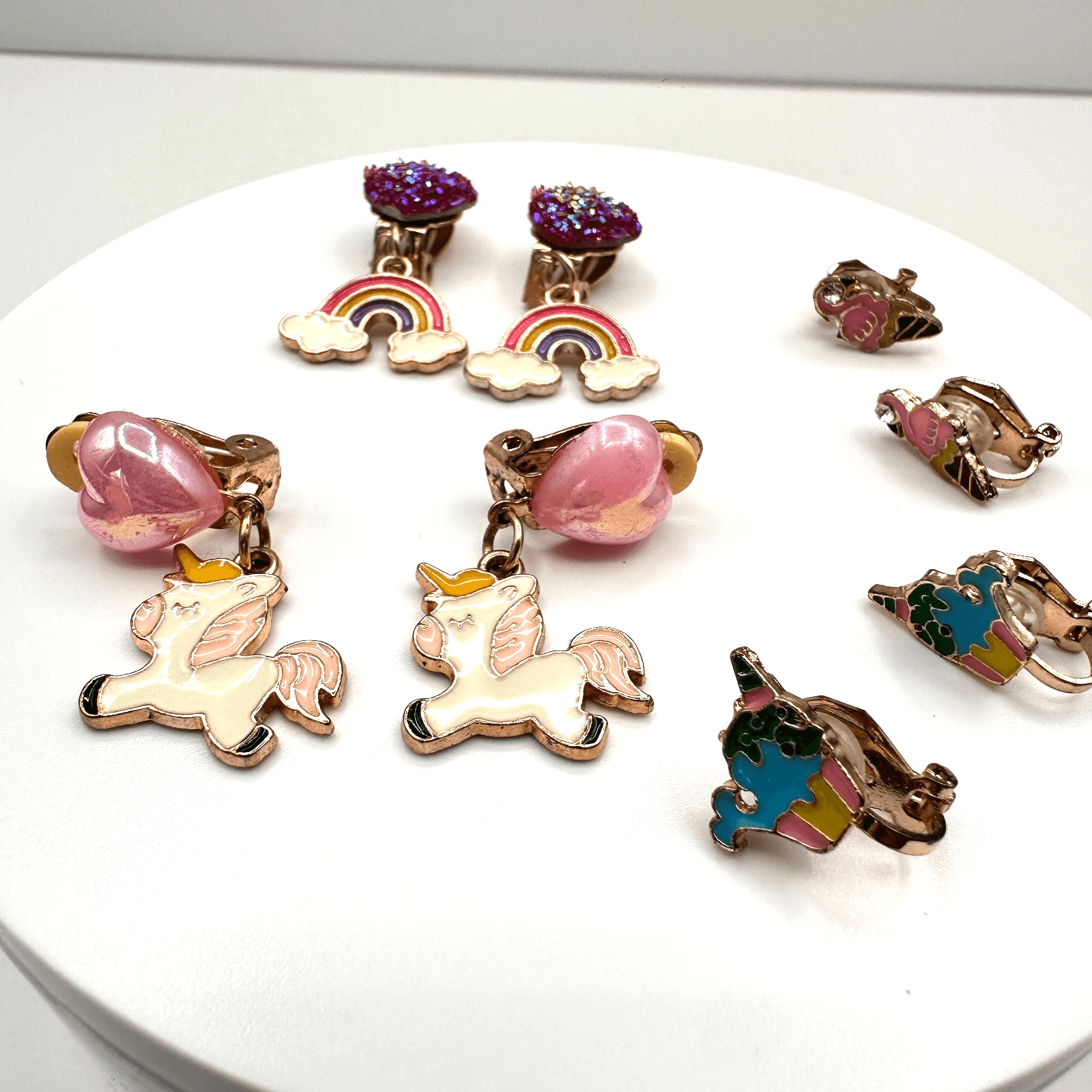 Vintage 90s Jewelry Lot 4 Pair Clip On Earrings Unicorn Rainbow Ice Cream Pink - Image 1