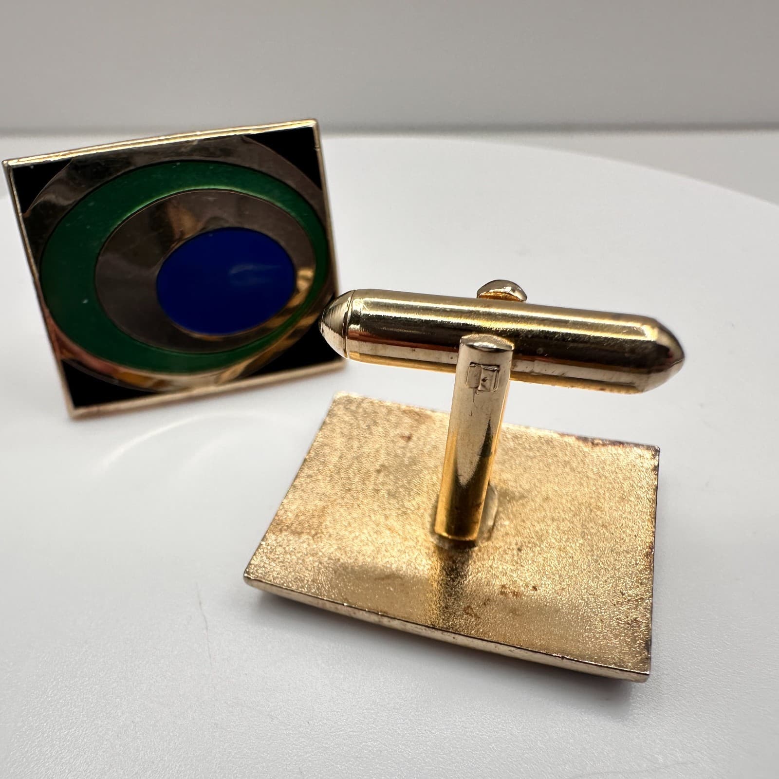 Vintage 80s Gold Tone Cufflinks Blue Green Enamel Peacock Eye Abstract Jewelry - Thumbnail 5