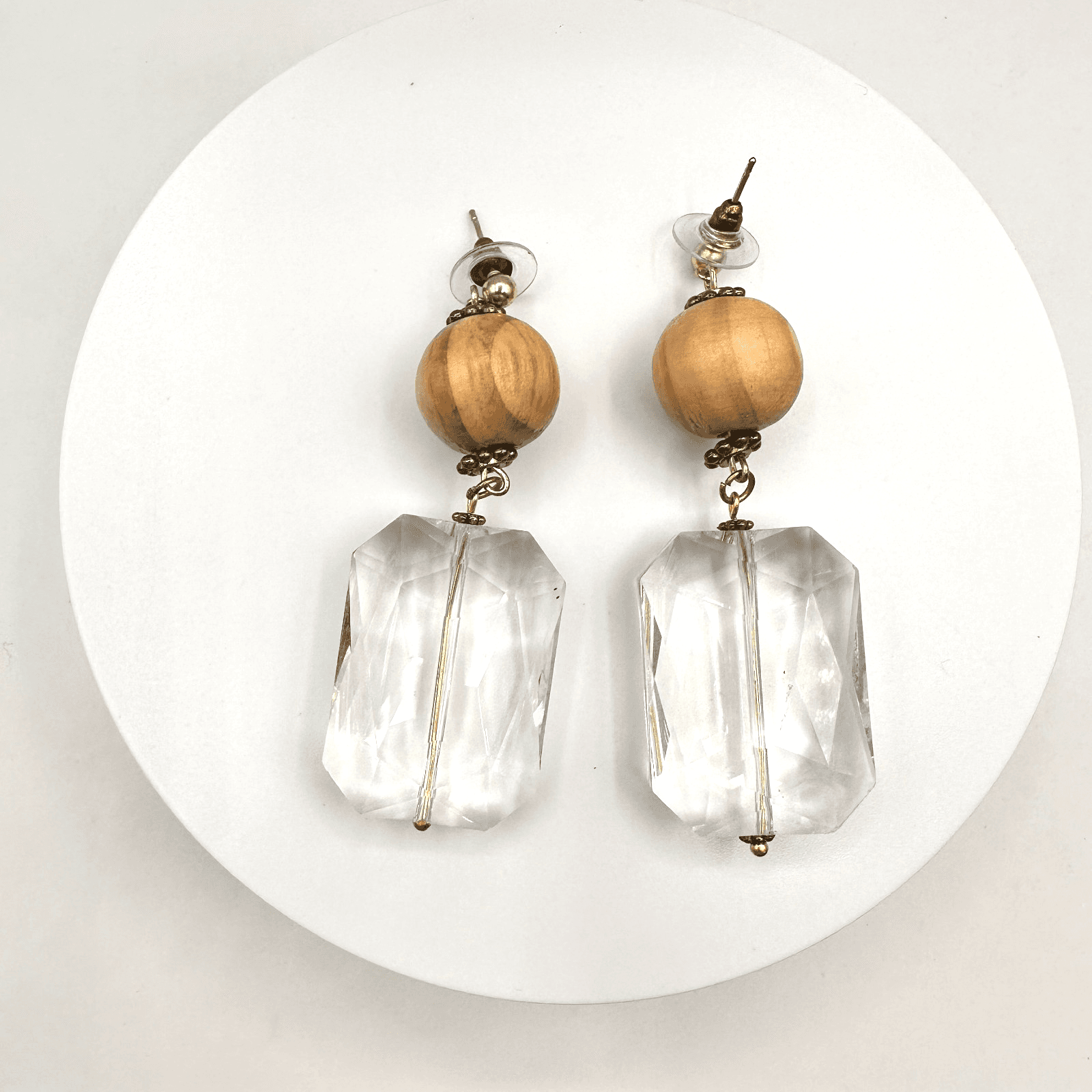 Vintage 90s Clear Crystal Wood Bead Drop Stud Earrings Gold Tone Women's Jewelry - Image 1