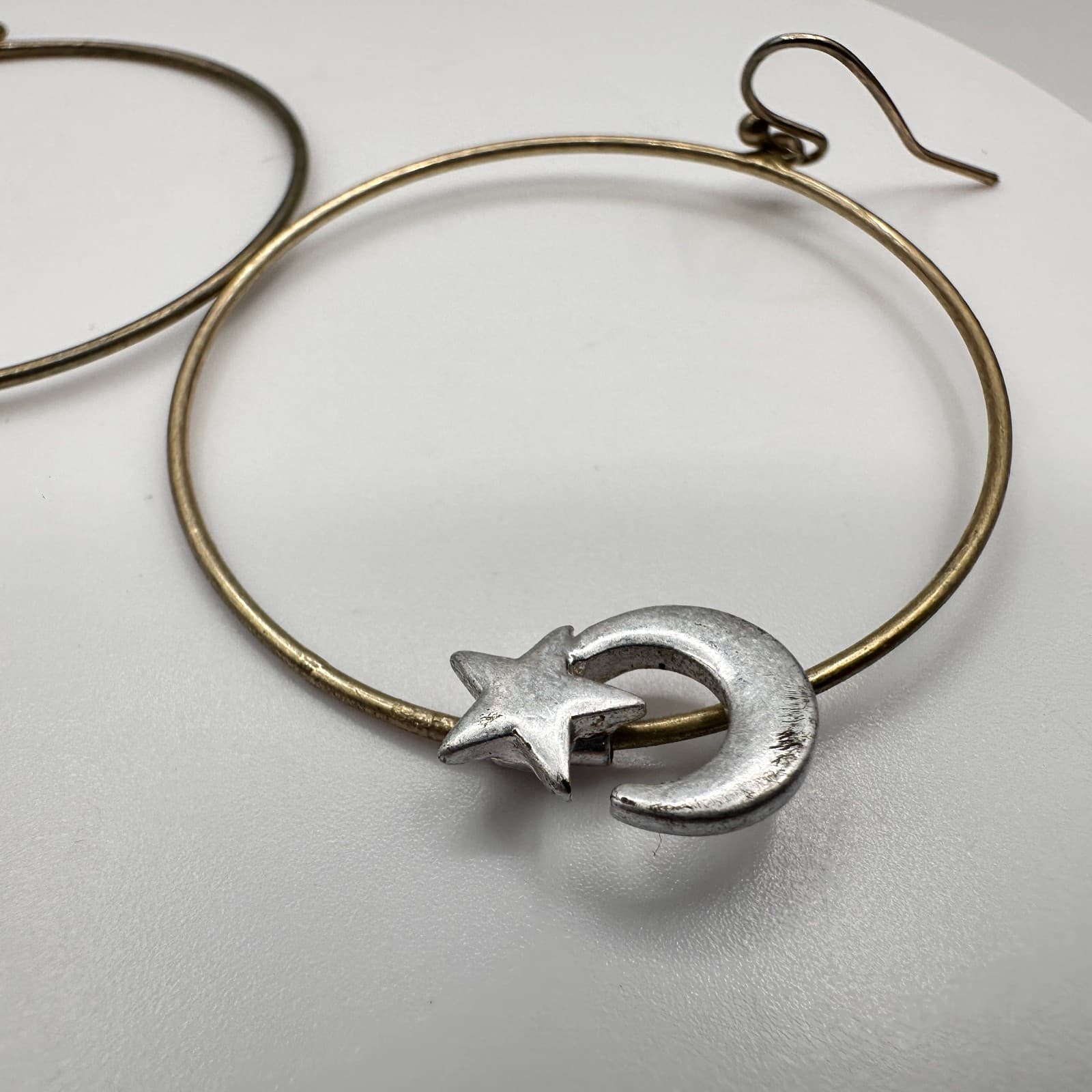 Vintage 90s Celestial Hoop Star Moon Earrings Silver Tone Women's Jewelry - Thumbnail 2