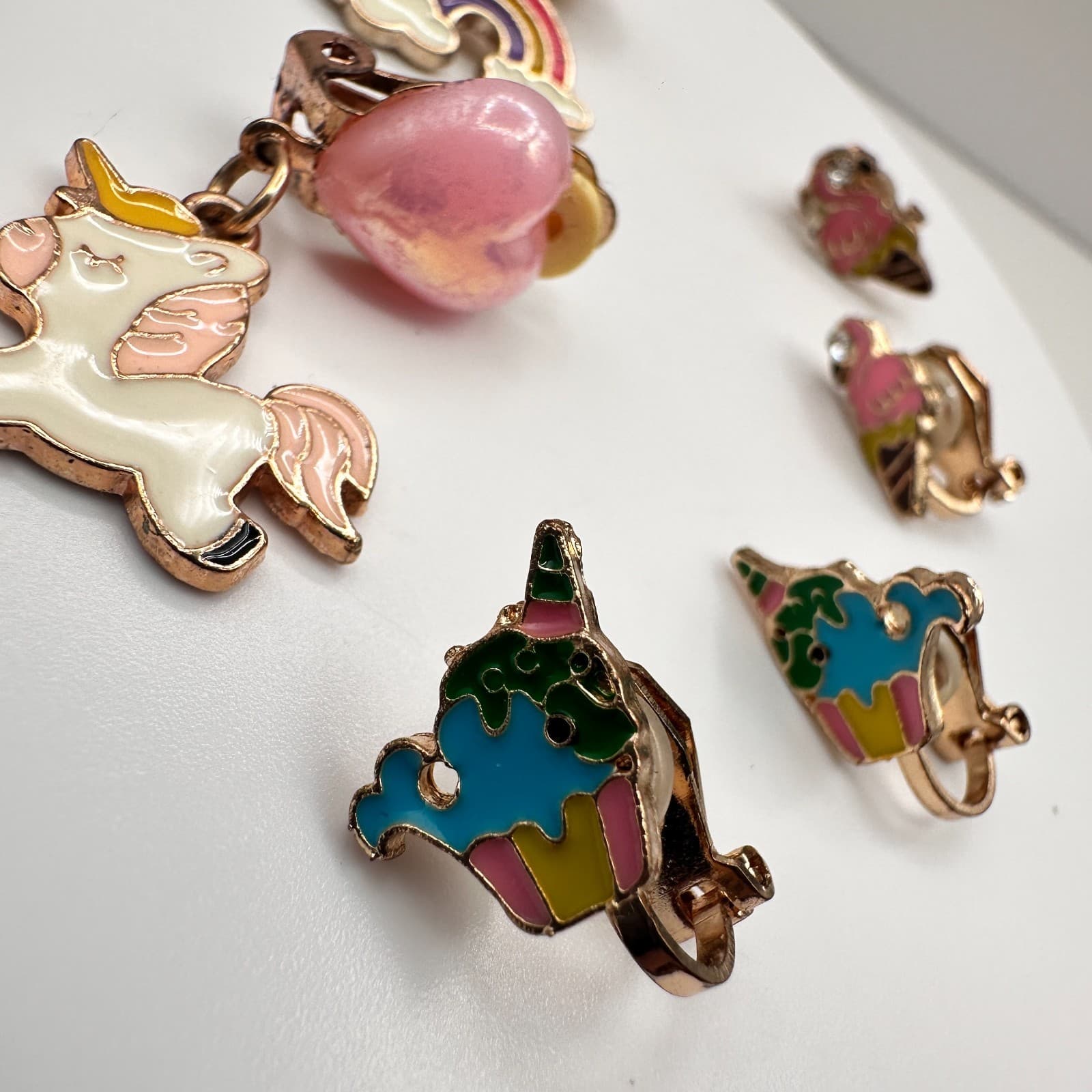 Vintage 90s Jewelry Lot 4 Pair Clip On Earrings Unicorn Rainbow Ice Cream Pink - Thumbnail 2
