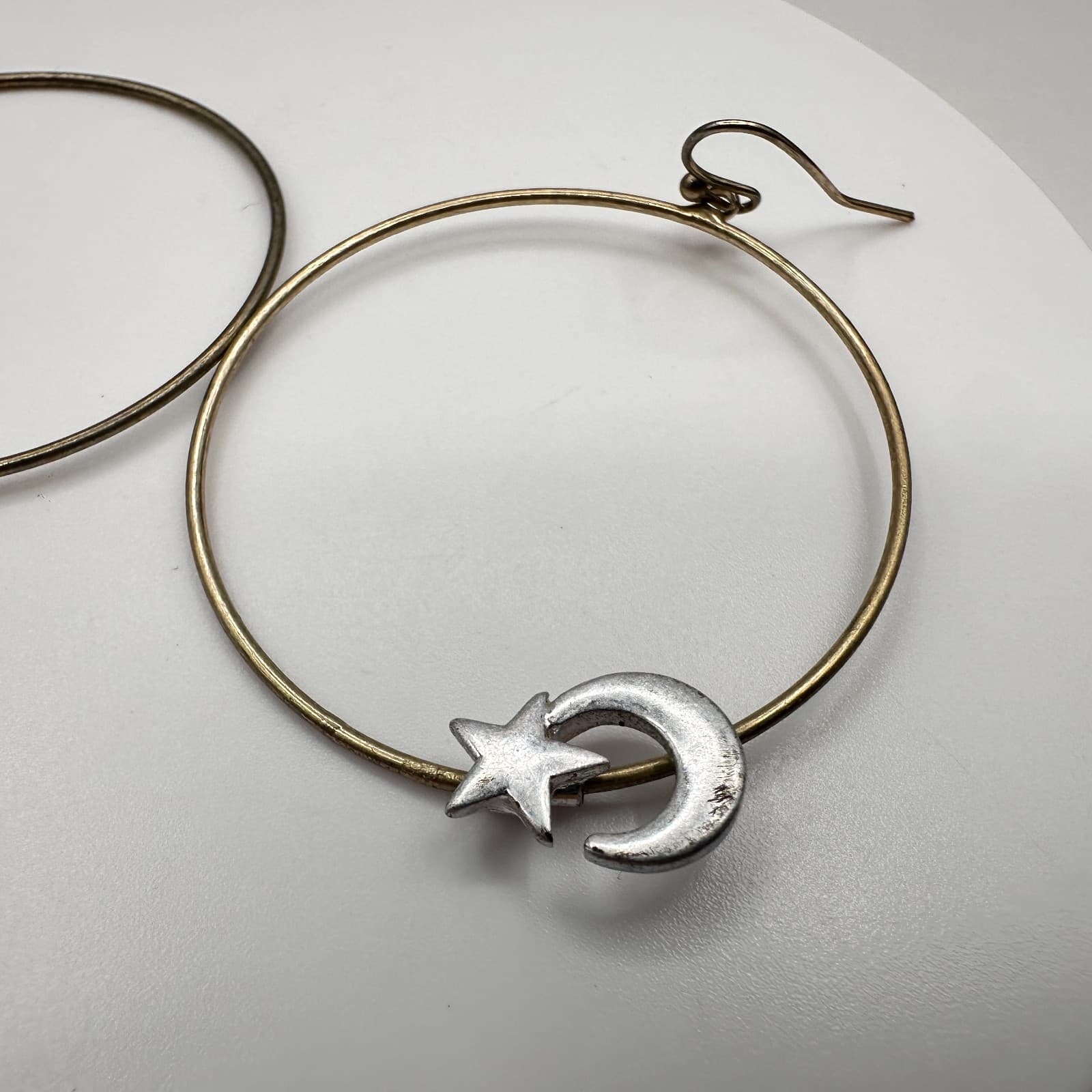 Vintage 90s Celestial Hoop Star Moon Earrings Silver Tone Women's Jewelry - Thumbnail 3