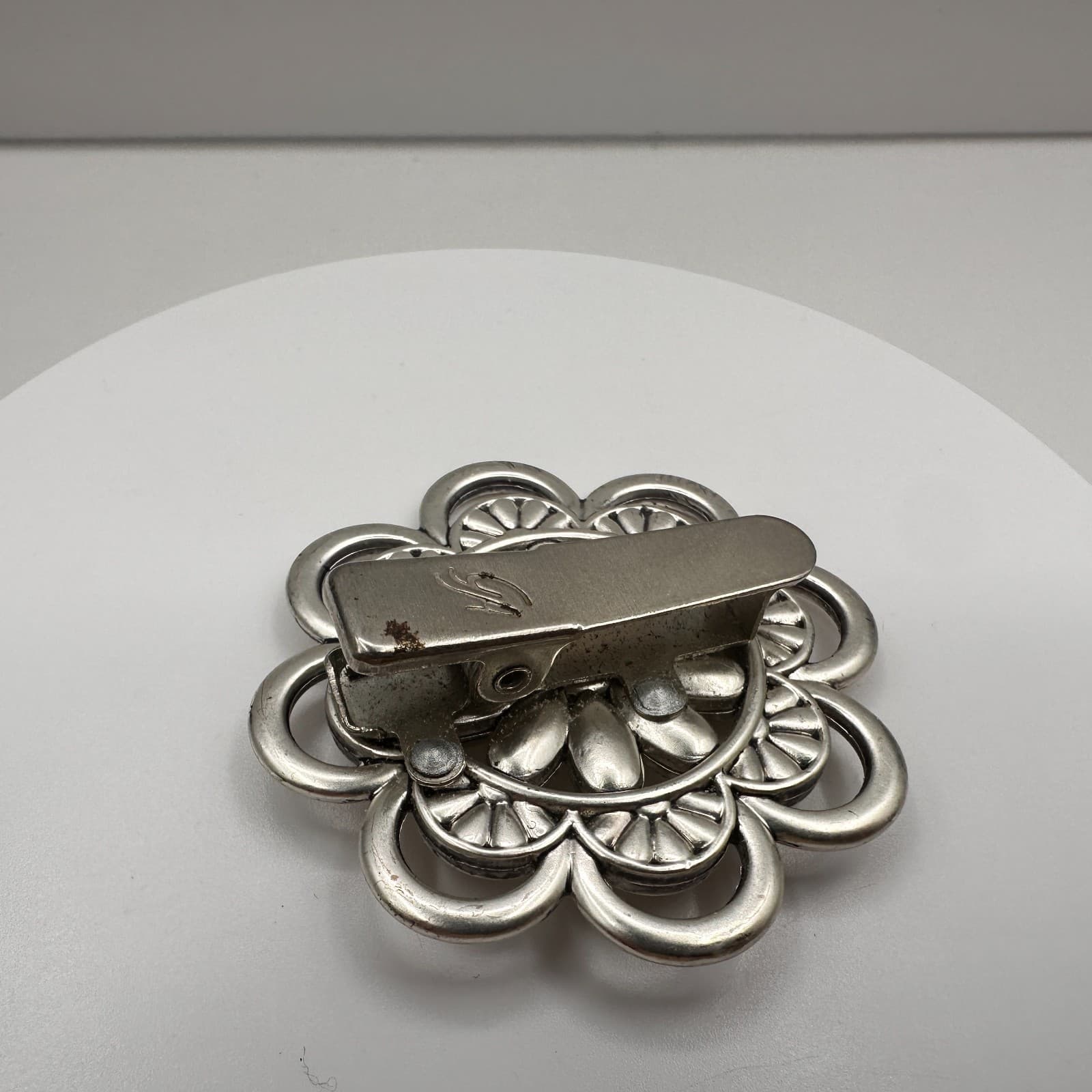 Vintage 90s Silver Tone Floral Brooch Pin Clear Rhinestone Women's Jewelry - Thumbnail 6