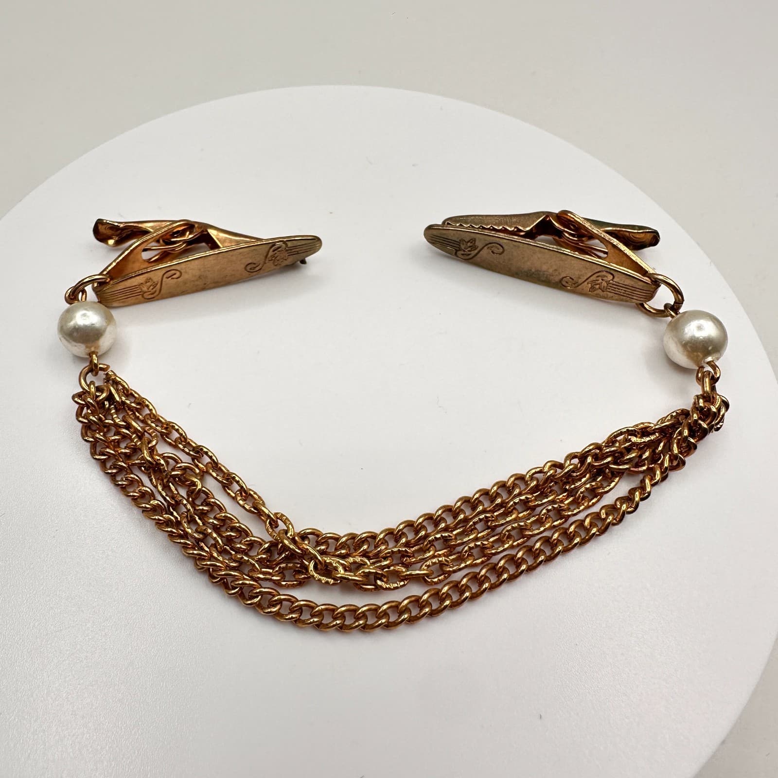 Vintage 90s Gold Tone Faux Pearl Sweater Guard Cardigan Clips Multi Strand Chain - Image 1