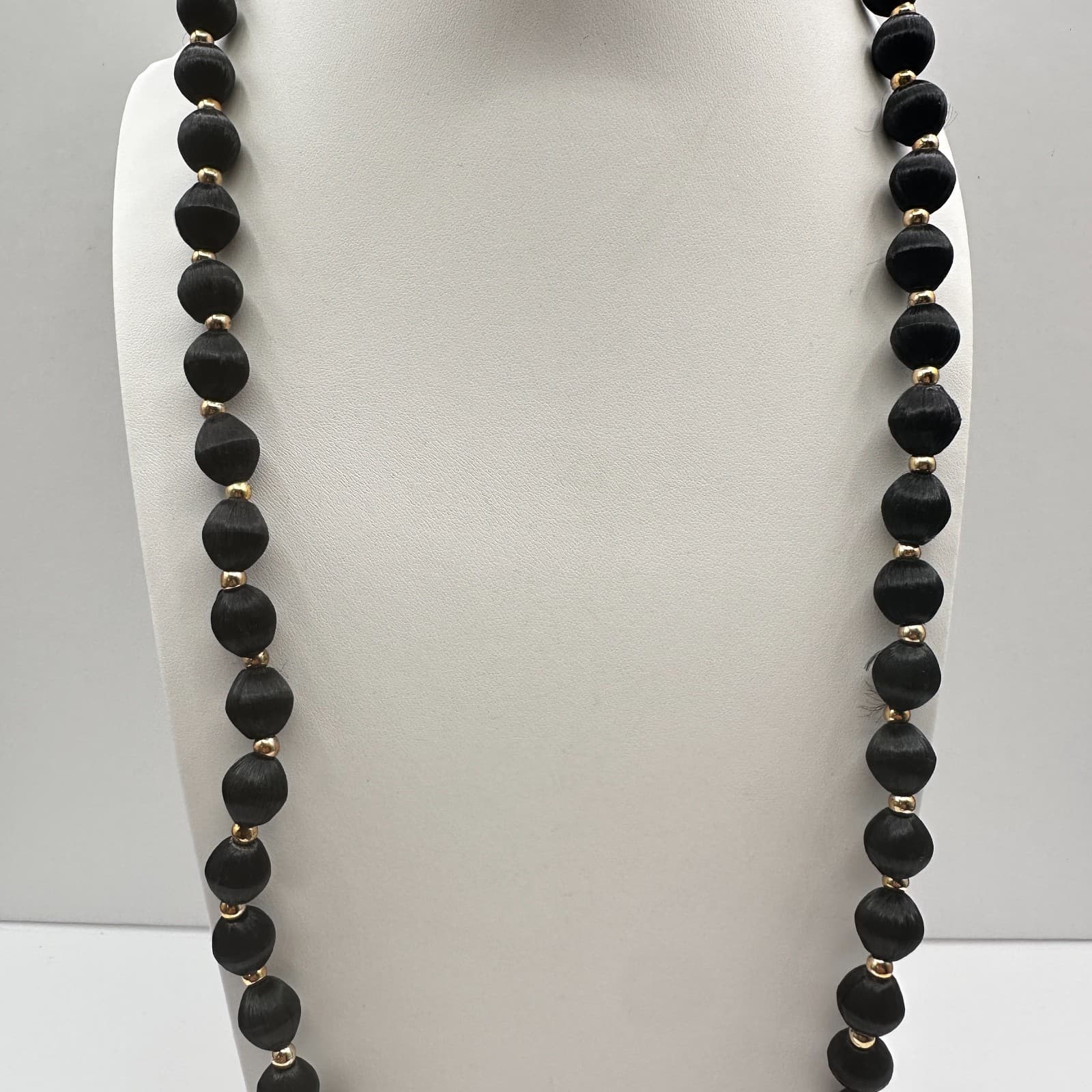 Vintage 80s Double Strand Black Silk Thread Wrapped Beaded Gold Tone Jewelry - Thumbnail 2