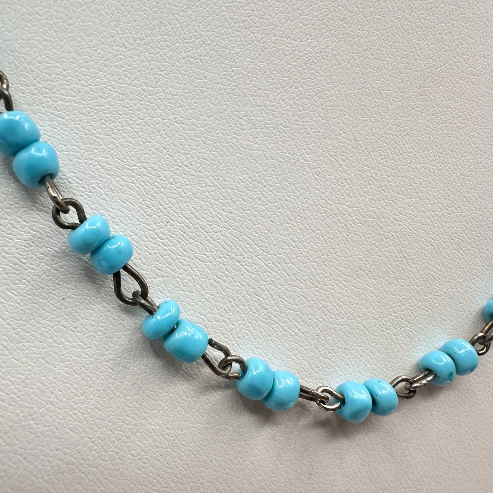 Vintage 90s Boho Blue Beaded Necklace Silver Tone Retro Women's Classic Jewelry - Thumbnail 3