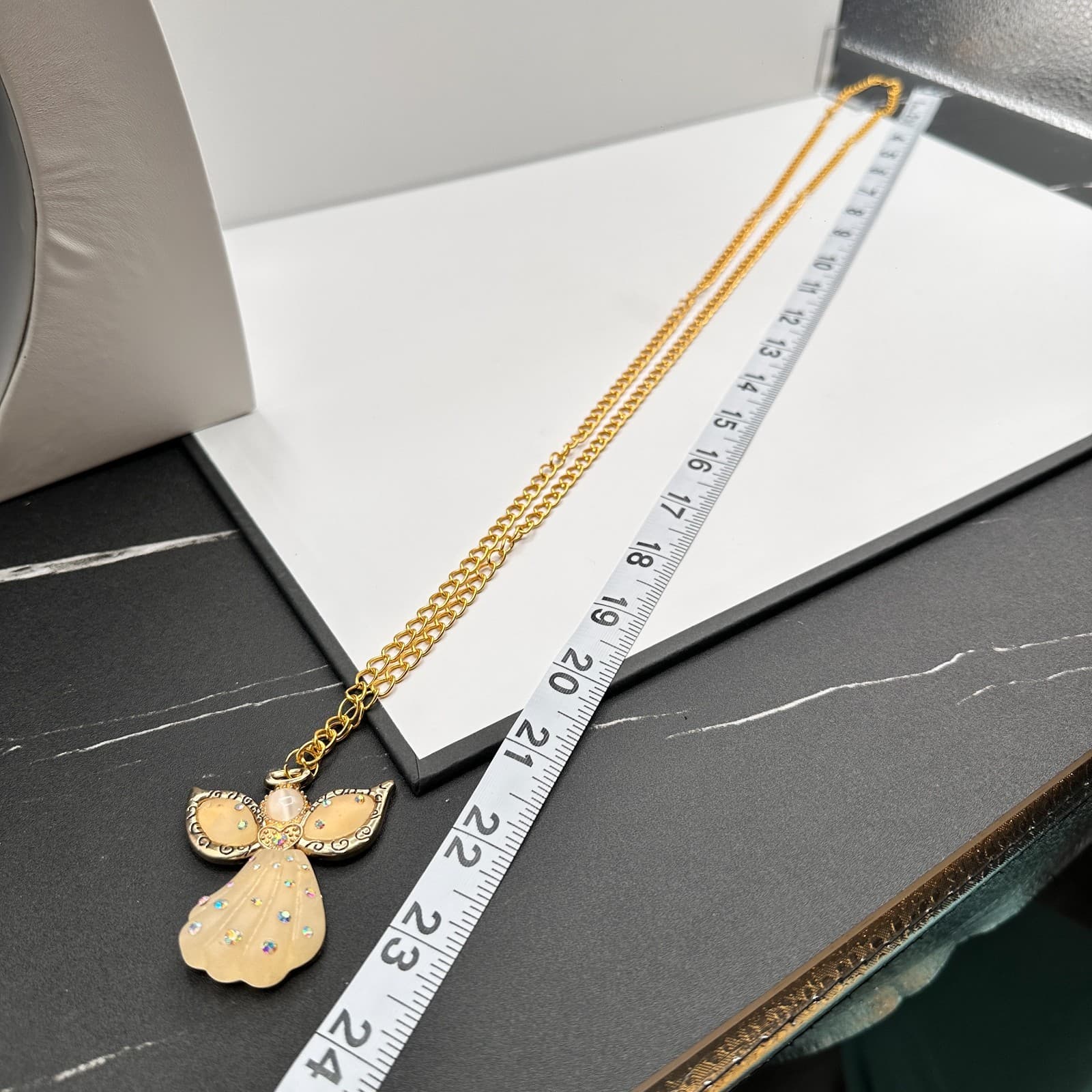 Vintage 90s Angel Pendant Necklace Gold Tone AB Glass Moonstone Cream Jewelry - Thumbnail 7